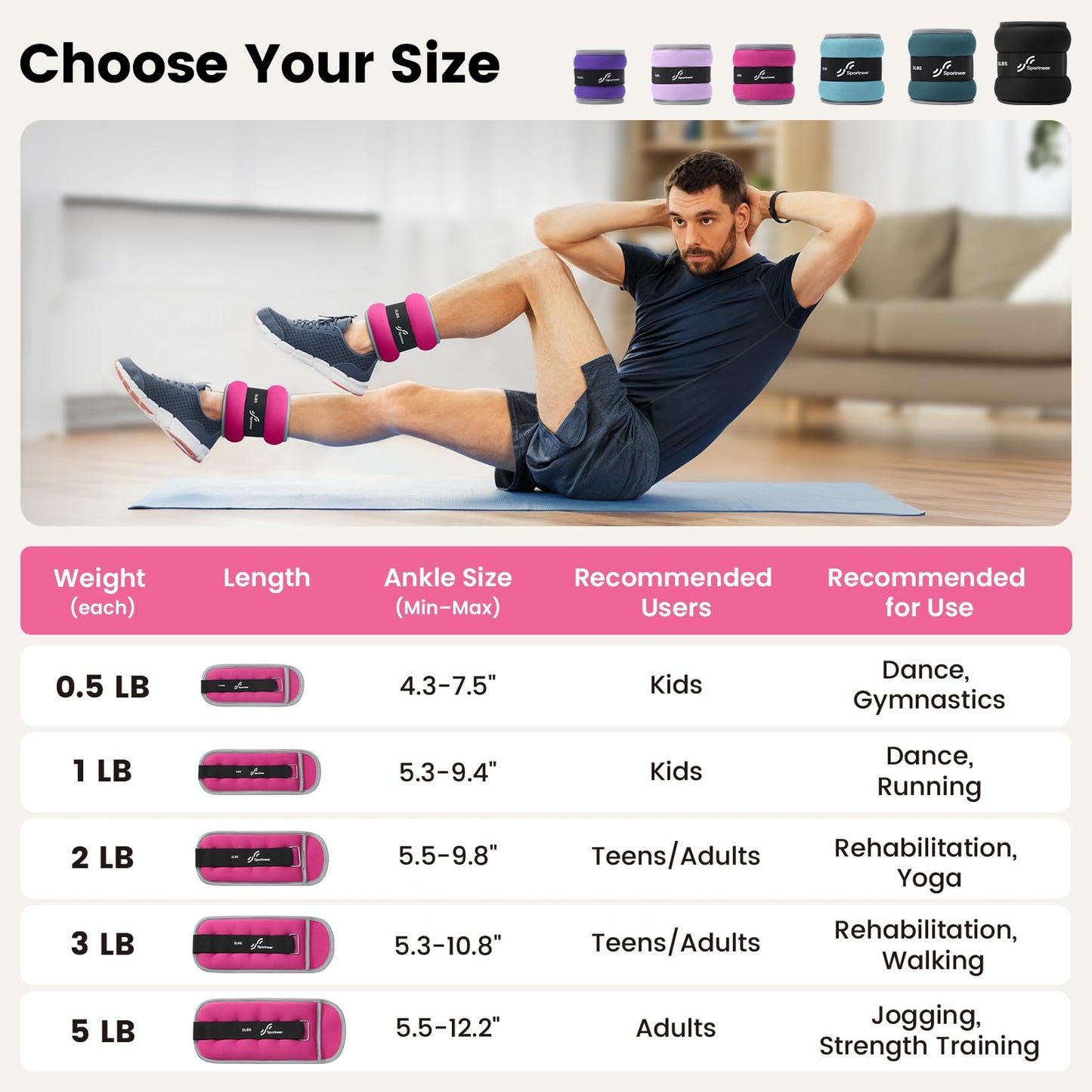 Sportneer Ankle Weights & Wrist Weights -1 2 3 4 5 Lbs Set of 2 for Men Women Kids Strength Training Arm and Leg Weights Set Comfortable and Soft Perfect for Dancing Running Walking Fitness Workout