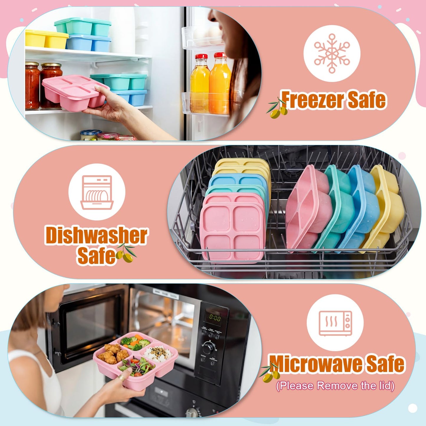 Acellegic 24 Pcs Bento Snack Box Containers Set 4 Compartment Food Storage Container with Lids Reusable Stackable Lunch Box for Family, Work, Travel, Microwave and Dishwasher Safe (4 Color)