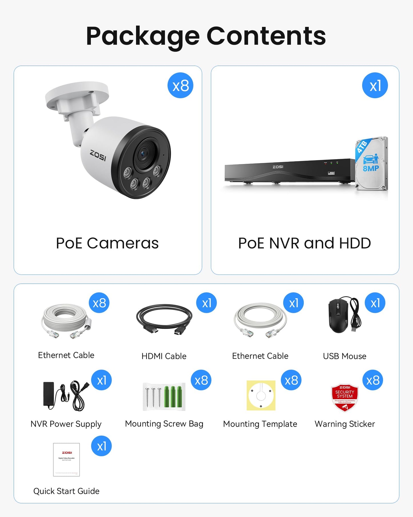 ZOSI 32CH 4K PoE Security Camera System, 8pcs 8MP Outdoor Metal Cameras with Audio, Person Vehicle Detection, People Counting, Night Vision, 16-Port 32-Channel NVR with 4TB HDD for 24/7 Recording