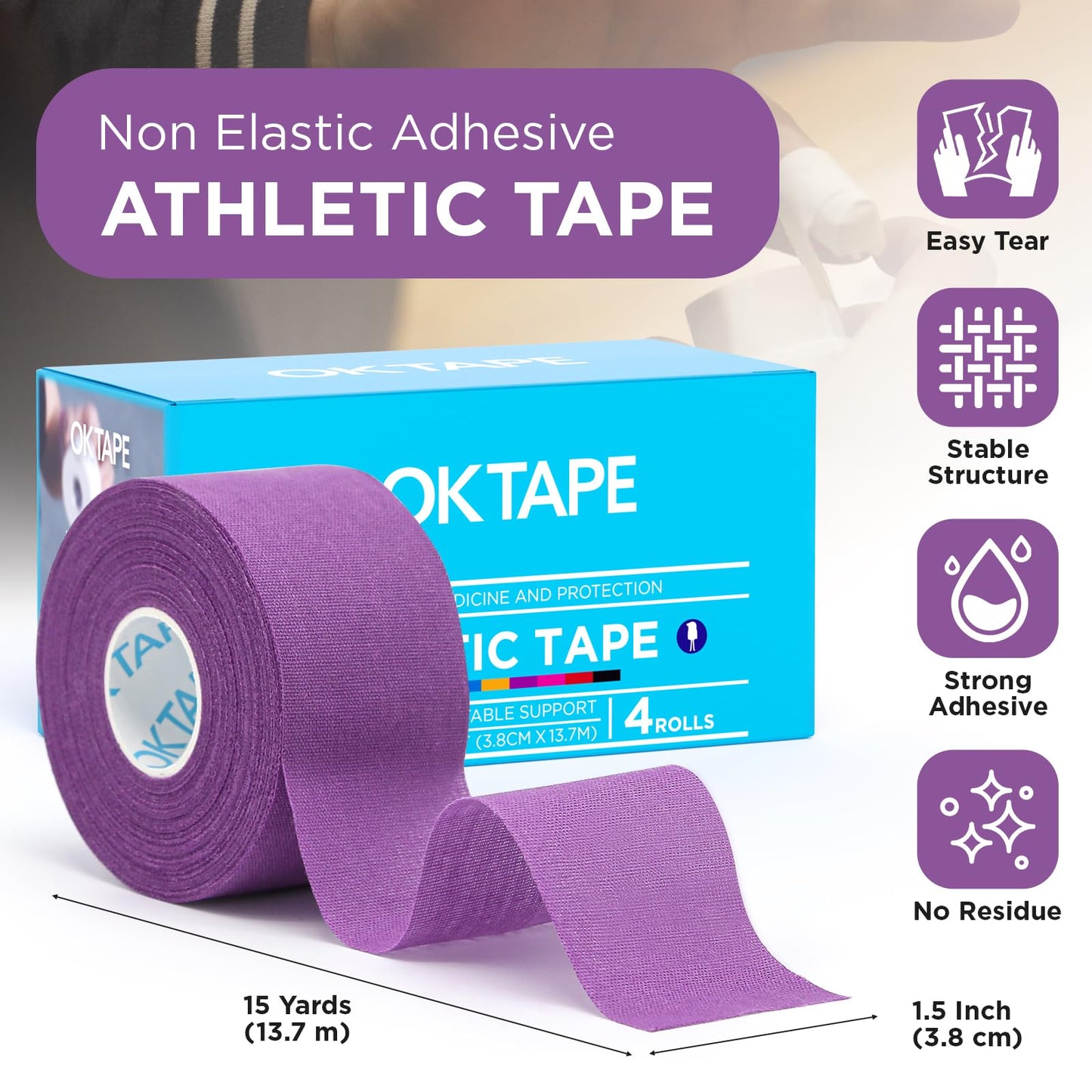 OK TAPE 4 Rolls Athletic Tape, Sports Tape for Injuries, Rigid, Easy Tear Medical Tape, Wrist Tape, No Sticky Residue | Secure Ankle, Finger, Knee- 1.5inch x 15yards (Purple)
