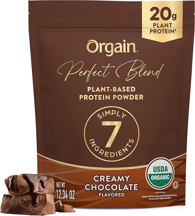 Orgain Organic Vegan Perfect Blend Protein Powder, 20g Clean Plant Protein, 7 Ingredients, <1g Sugar, Gluten Free, Non-GMO; No Artificial Flavors, Stevia Extract, Dairy or Soy Ingredients- Chocolate