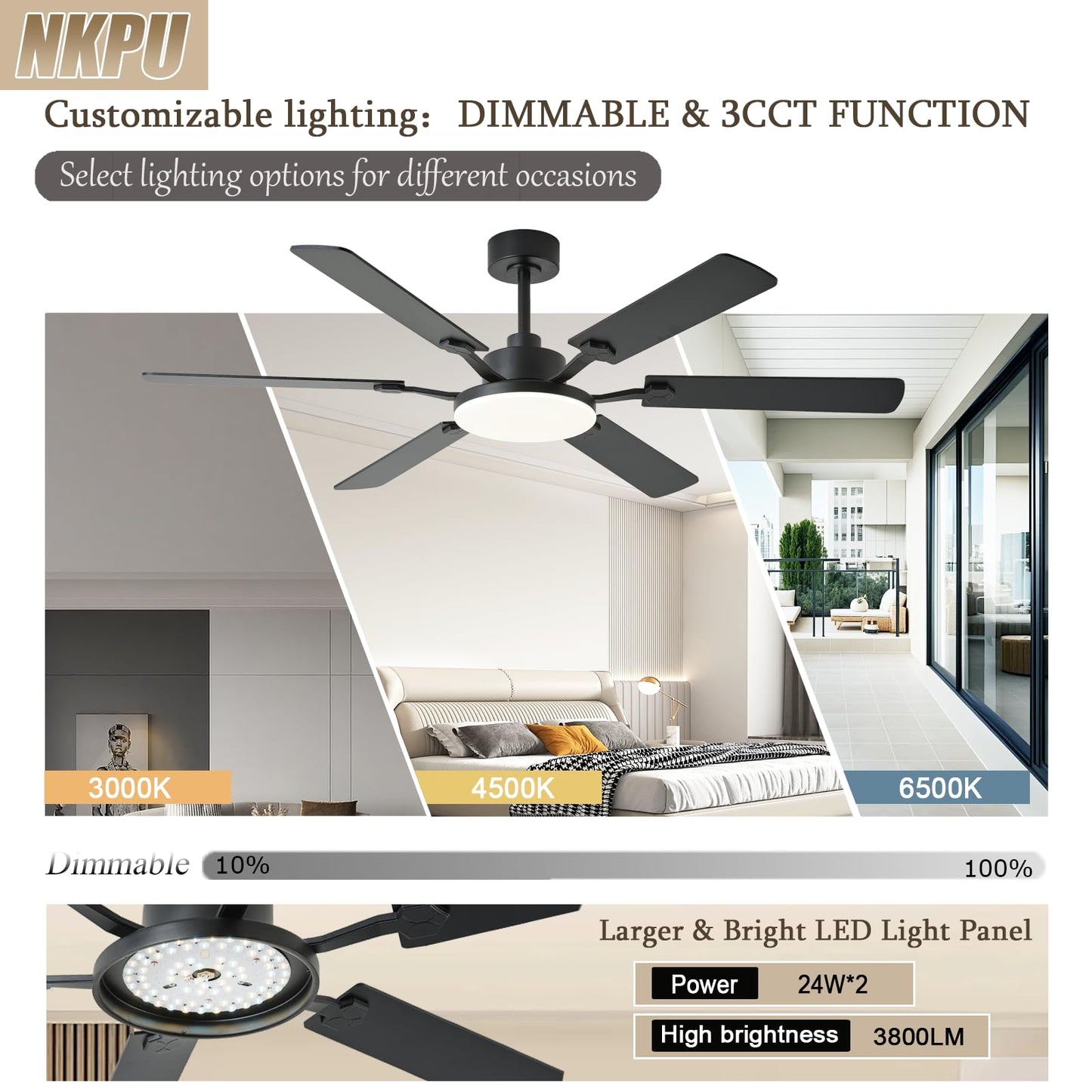 60 Inch Ceiling Fans with Lights, Large Modern Black Ceiling Fan with Light and Remote Control, 6 Double Sided Blades, 6 Speed Reversible Motor, Dimmable LED, Silent Timing, Indoor Outdoor Patio Use