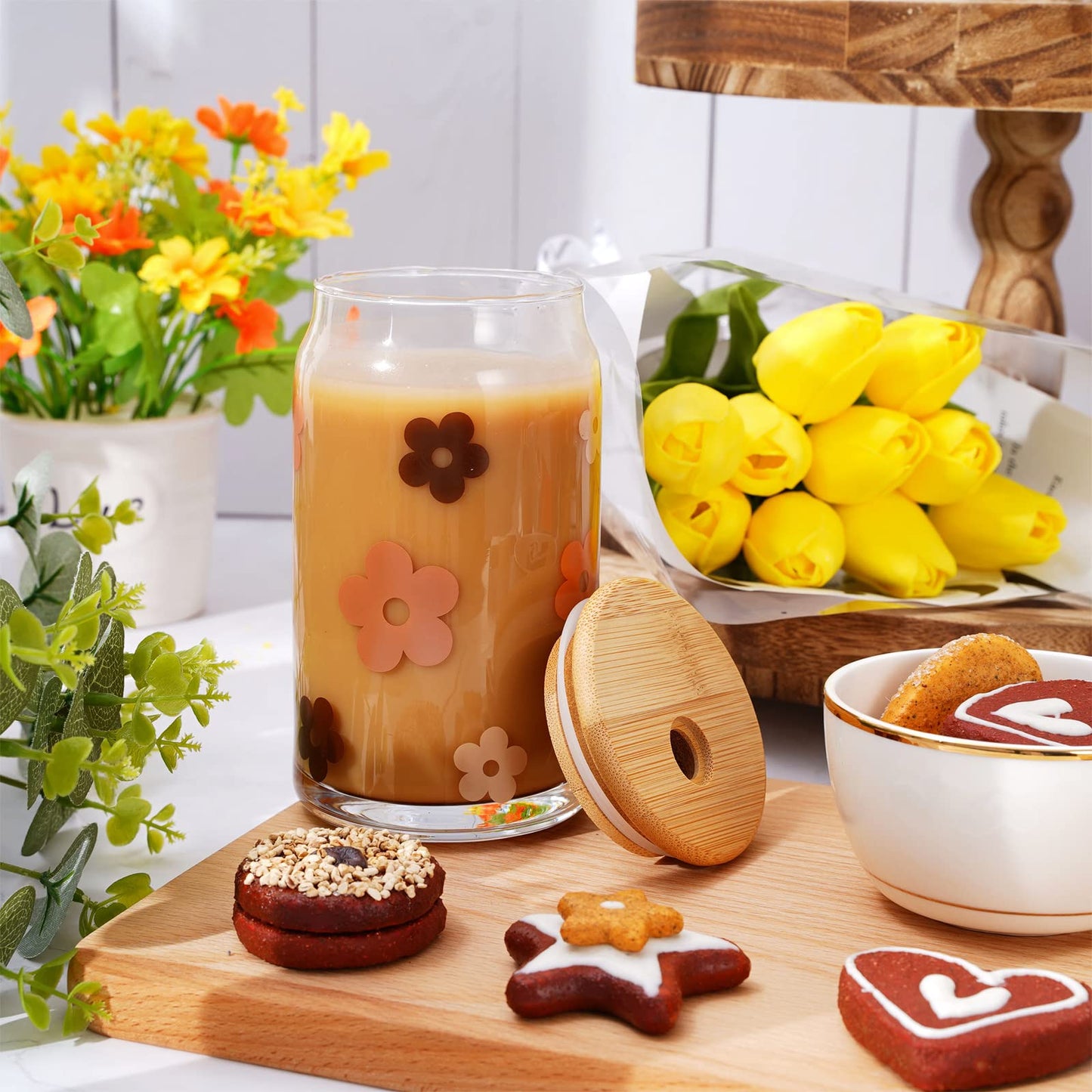 Whaline Drinking Glasses with Bamboo Lids and Glass Straw 4pcs Set - 16oz Can Shaped Glass Cup, Iced Coffee Glass Ideal for Cocktail, Whiskey, Gift - 2 Cleaning Brushes