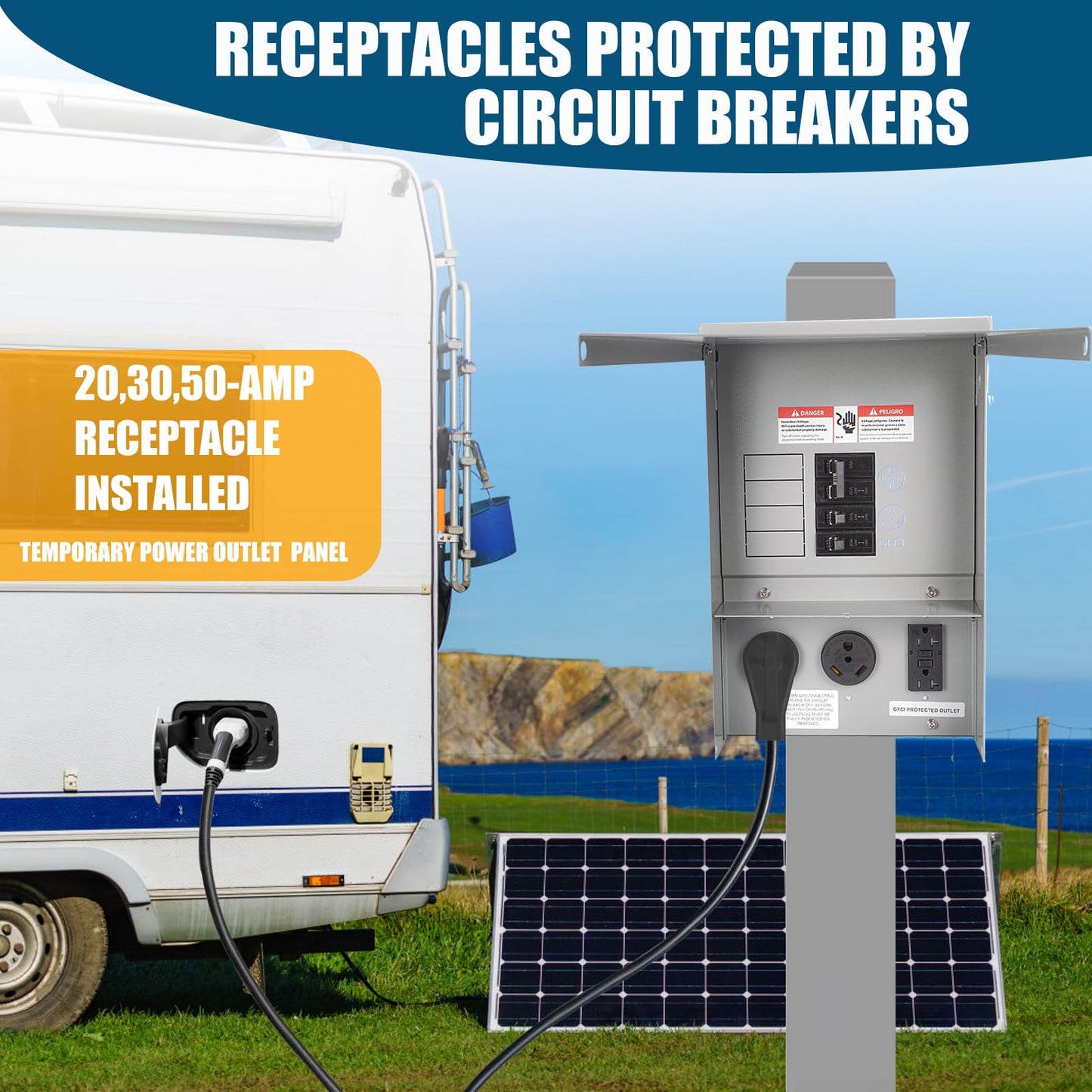 RV Electrical Panel Temporary Power Outlet Panel with Prewired Circuit Breaker Box 20 30 50 Amp Receptacle Installed Power Outlet Weatherproof for Hookup RV Camper Travel Trailer Motorhome