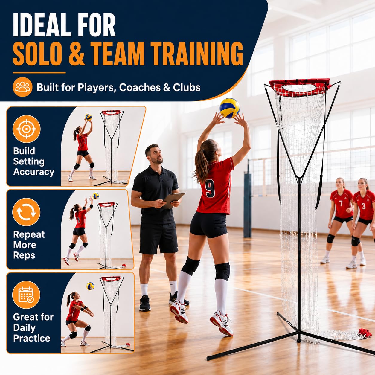 SCHENG-V Volleyball Setting Net, Setter Volleyball Training Net 7.5-11.5 FT Adjustable Height, 45°-180° Adjustable Angle, Stable Base for Indoor Outdoor Practice Equipment