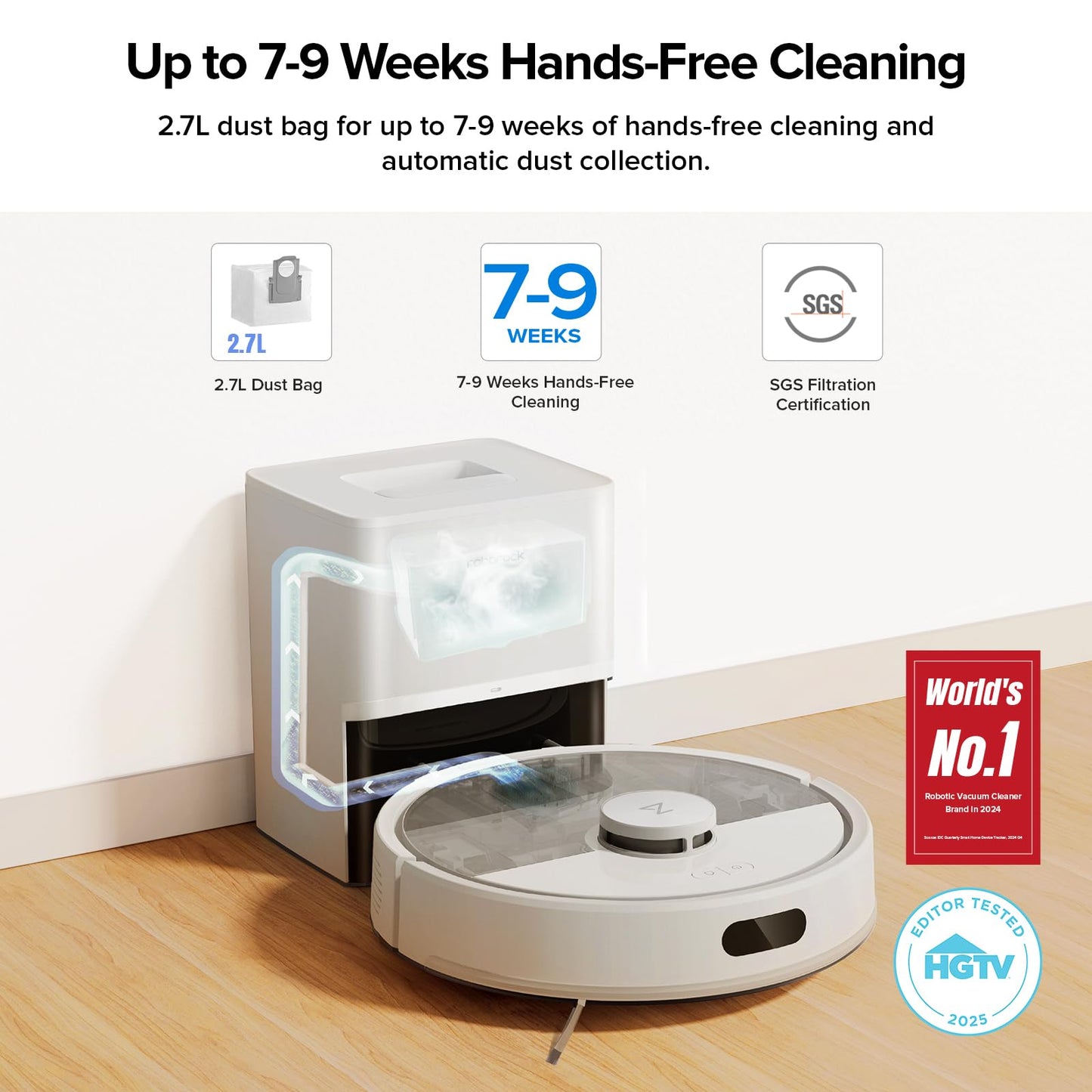 roborock Q7 M5+ Robot Vacuum and Mop, Upgraded from Q5 Max+, Up to 7-9 Weeks Self-Empty, 10000Pa Suction, Dual Anti-Tangle System for Pet Hair & Carpet, PreciSense LiDAR Navigation, App Control, White