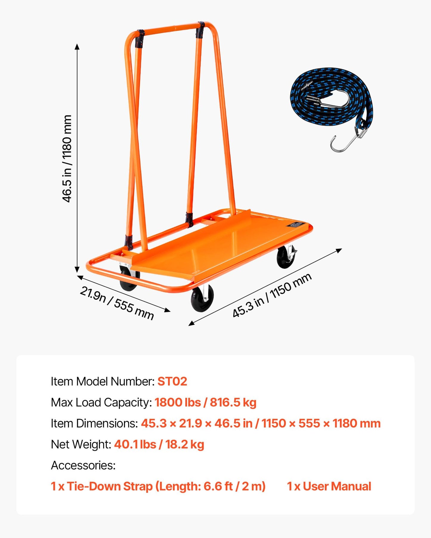 VEVOR Drywall Cart Dolly, Steel Panel Dolly with 4 Swivel Casters, Durable & Long-Lasting, Panel Truck Cart with Tie-Down Strap for Plywood, Plasterboard, Glass, Orange