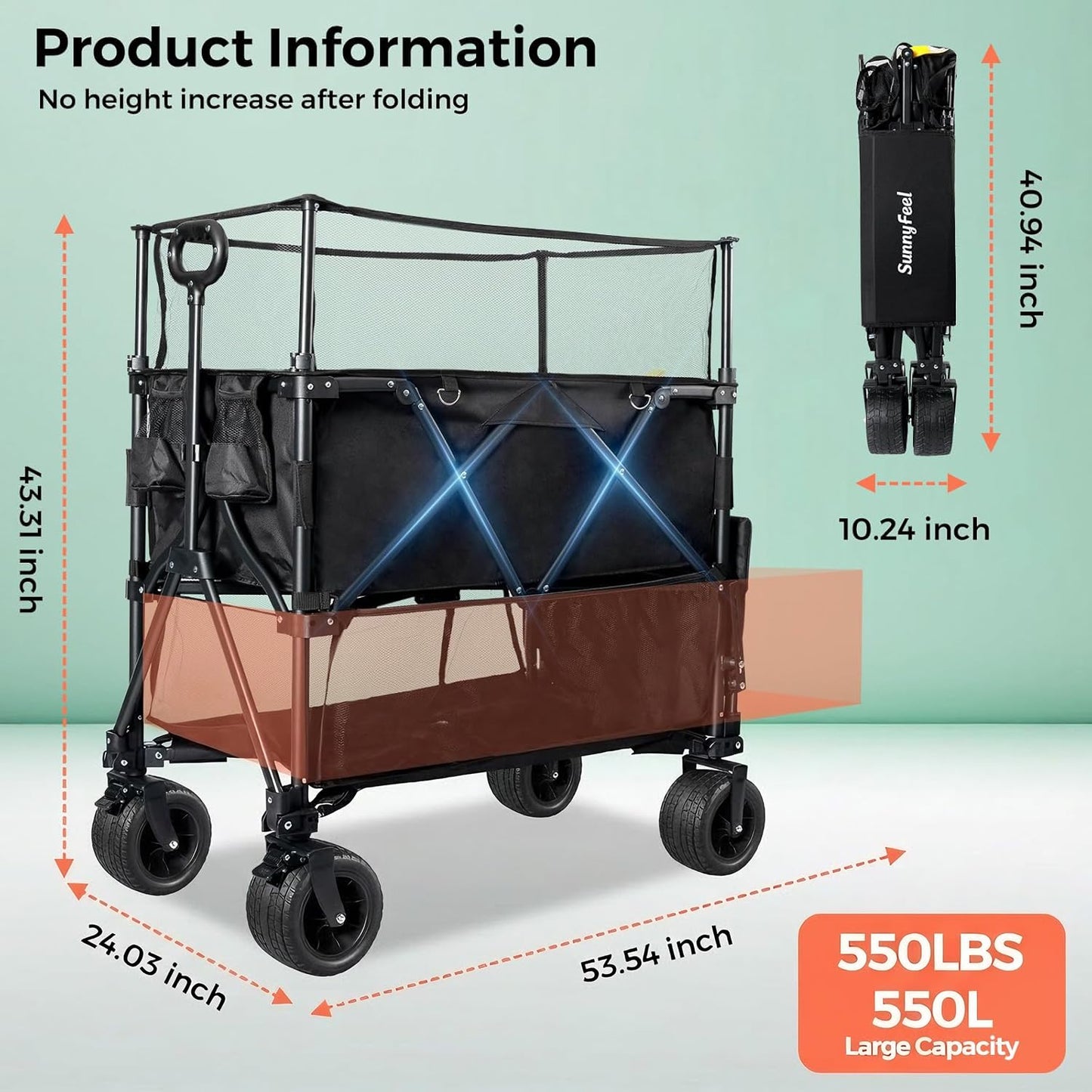 SUNNYFEEL 550L Large Capacity Folding Sports Wagon, 550LBS Heavy Duty Collapsible Cart,Extra High Extender Wagon Cart with Tailgate, All-Terrain Big Wheels for Camping Fishing & Outdoor Use，Black