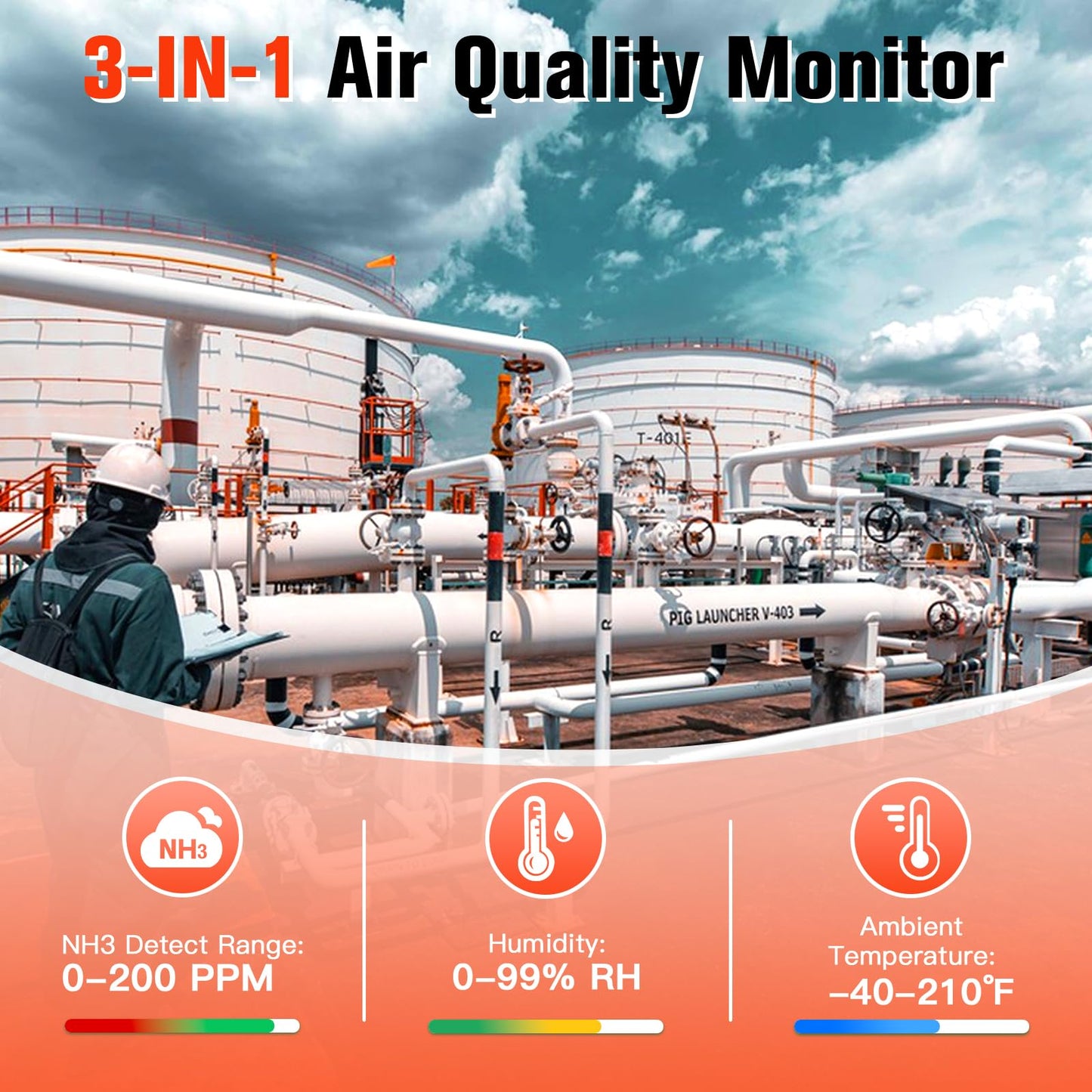 ZYKYCX Portable Ammonia Gas Detector, 0-200 PPM Rechargeable Ammonia Gas Monitor, Digital Air Quality NH3 Gas Meter with Temperature Humidity Tester for Farm, Poultry, Pig & Livestock, Orange
