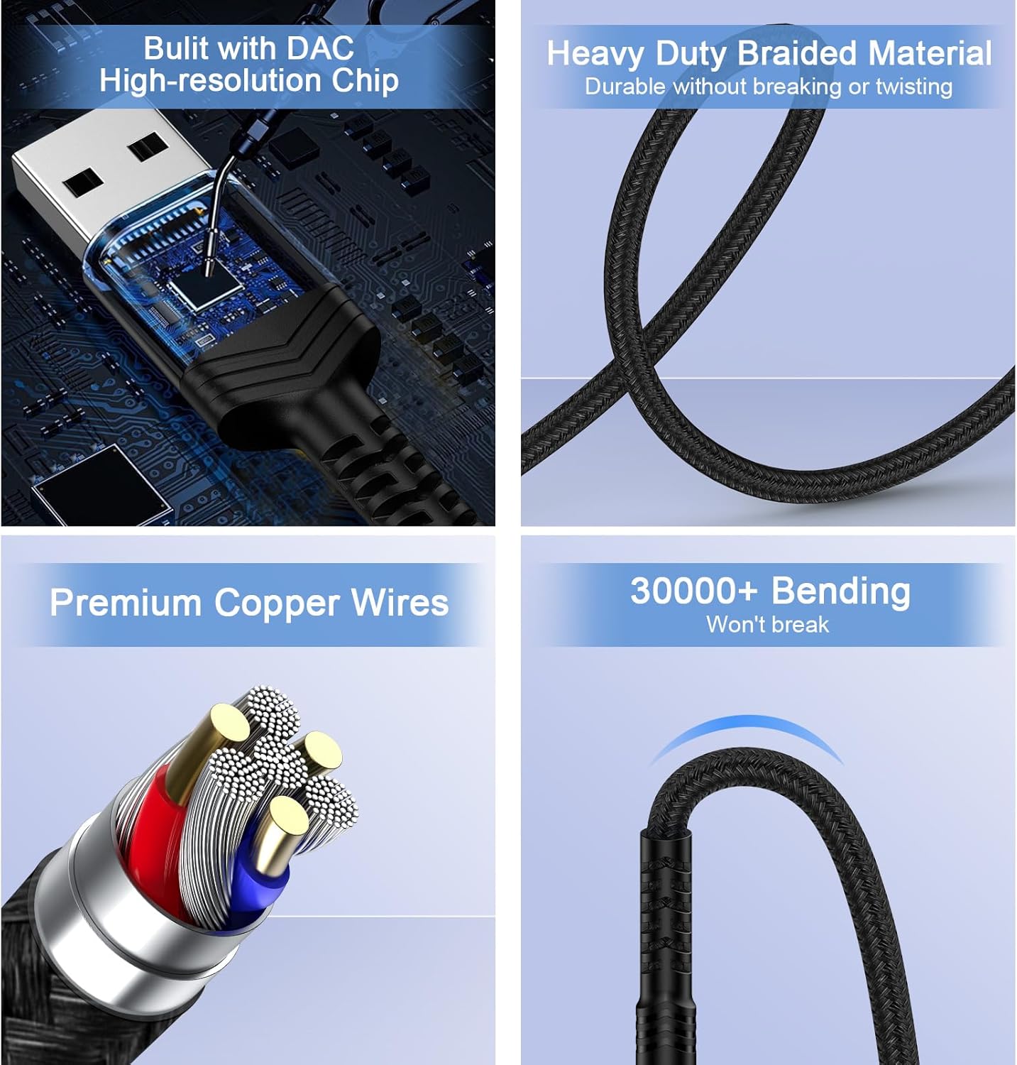 3.5mm 3FT PS5 PS4 USB to Audio Aux Cable, USB Male to AUX Male Jack Adapter TRS Stereo Braided Audio Cord