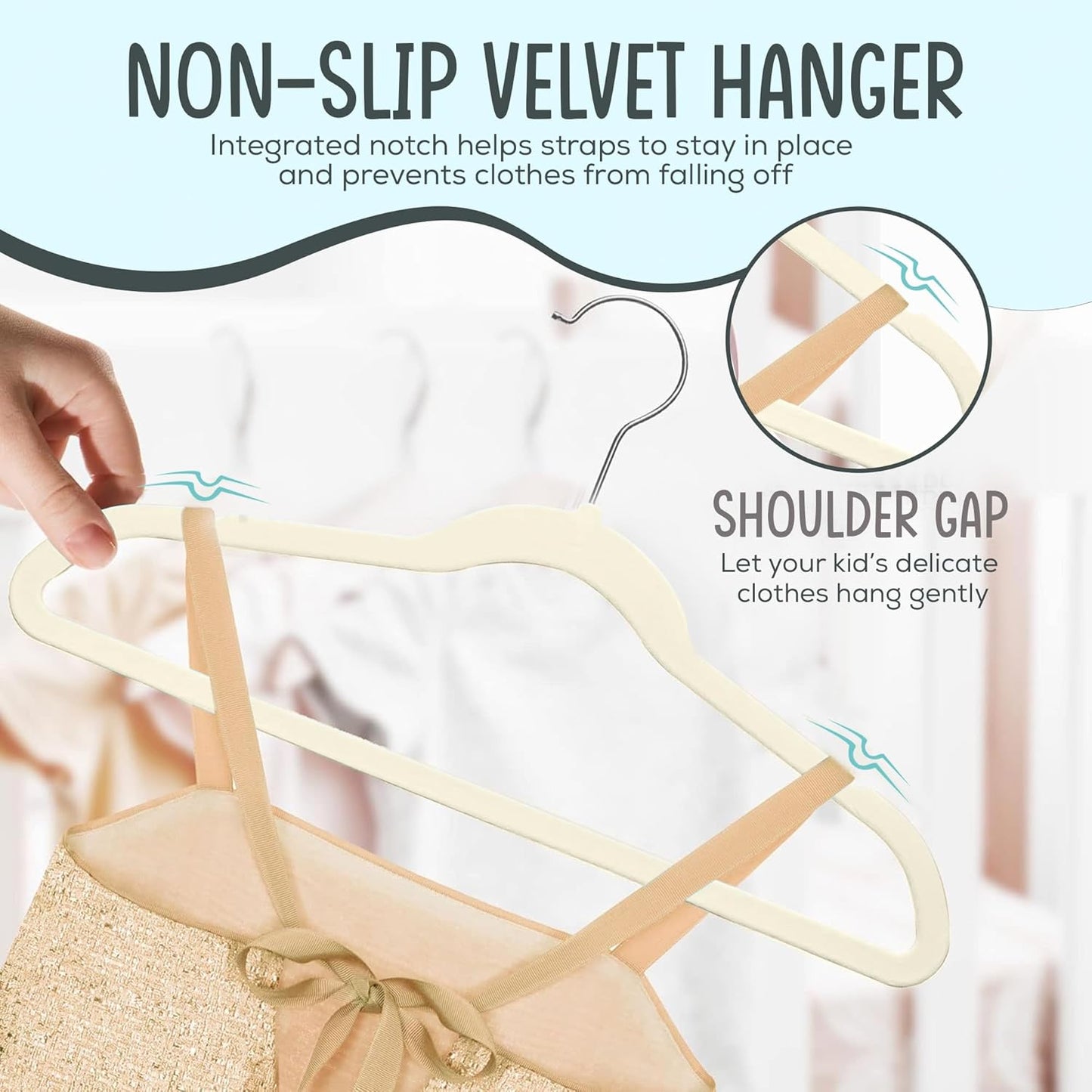 TechZoo 50 Premium Kids Velvet Hangers - Non-Slip, Ultra Slim & Durable - 14" Ivory Hangers with 360° Swivel Hook