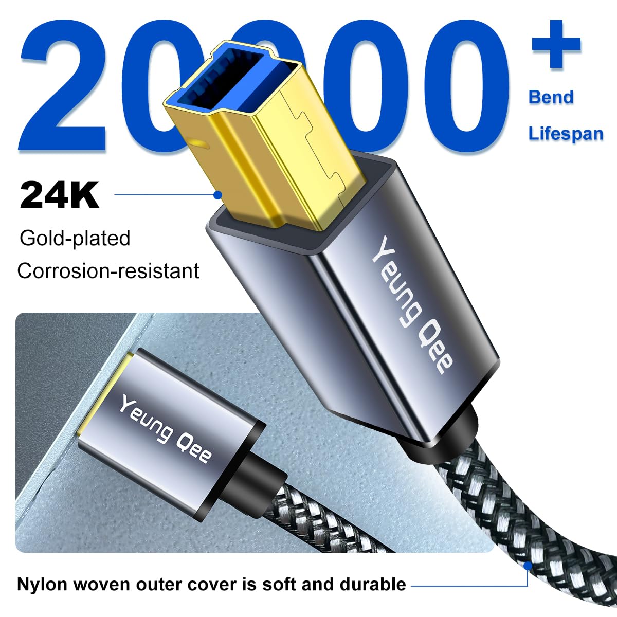 Yeung Qee 3.0 3 3.0 (3ft) USB A to USB B Cable ft,Nylon Braided USB Cable Type A Male to B Male Printer Cable