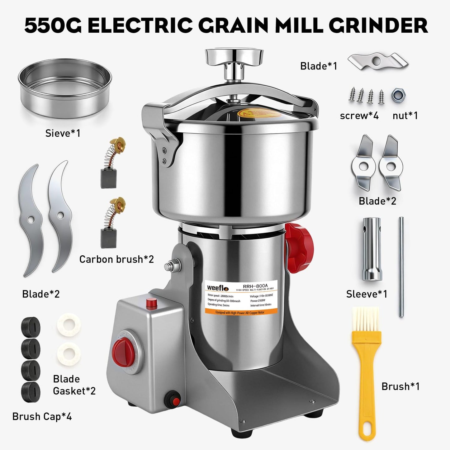WEEFLOS Electric herb Grinder 550g High Speed Electric Stainless Steel Spice Flour Mill Herb Grinder Powder Machine for Dry Food Grin