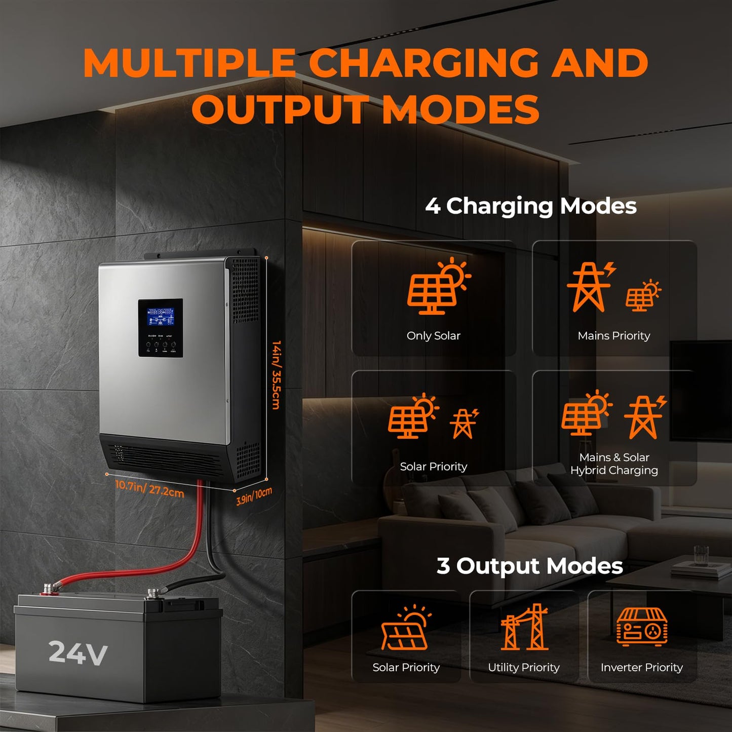 AuraSolar Hybrid Solar Inverter, 2400W 24V DC to 120V AC Pure Sine Wave Power Inverter, Built-in 50A Solar Charge Controller with LCD Display, for Off-Grid Home Backup RV, AGM/Gel/FLD/Lead-Acid