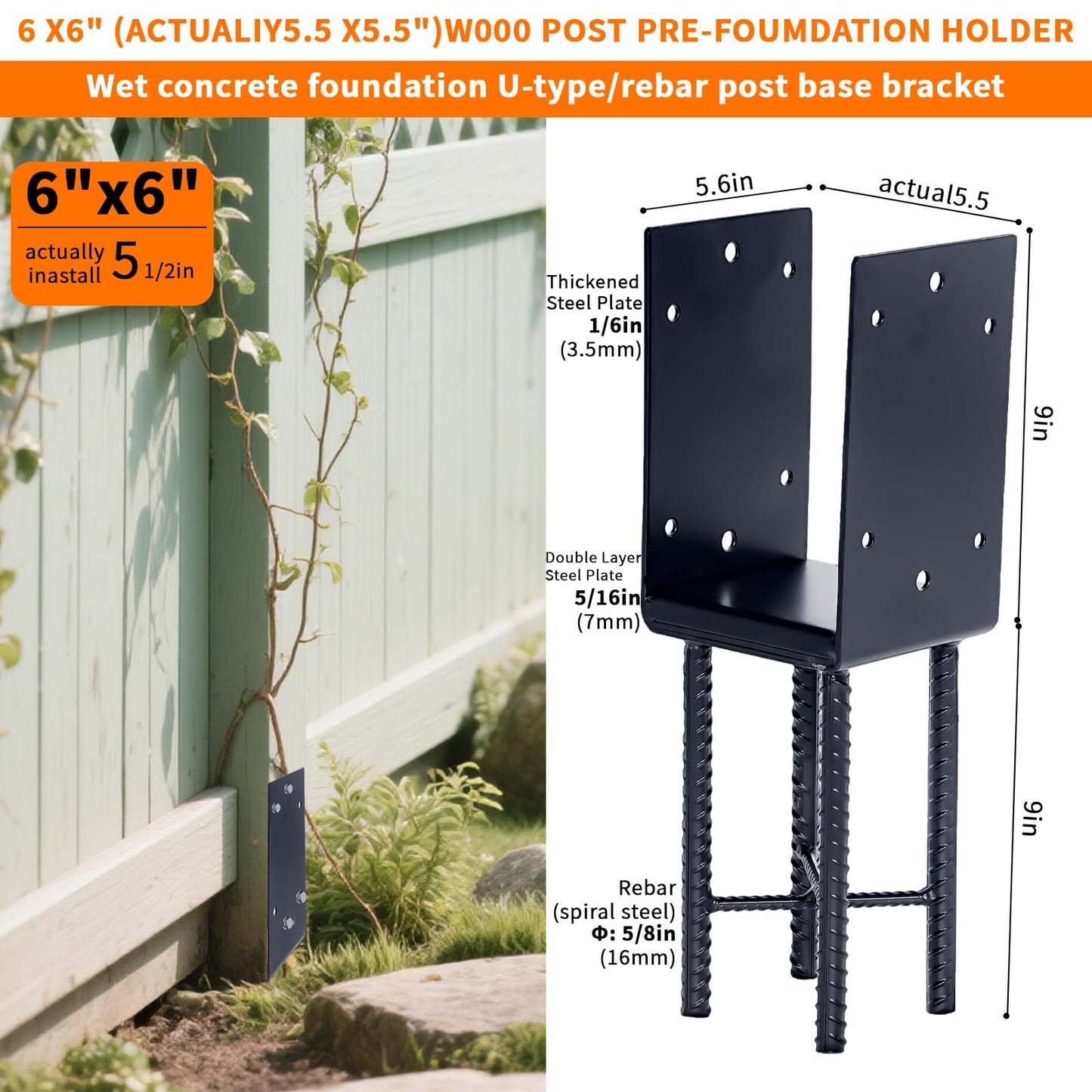 6 * 6" Heavy-Duty, U-Shaped, Moisture-Proof Concrete Wooden Post Brackets, Used for The Concrete anchoring Brackets of Wooden Posts in Deck railings, Garden Fences, pergolas, terraces, etc. (4, 6x6)