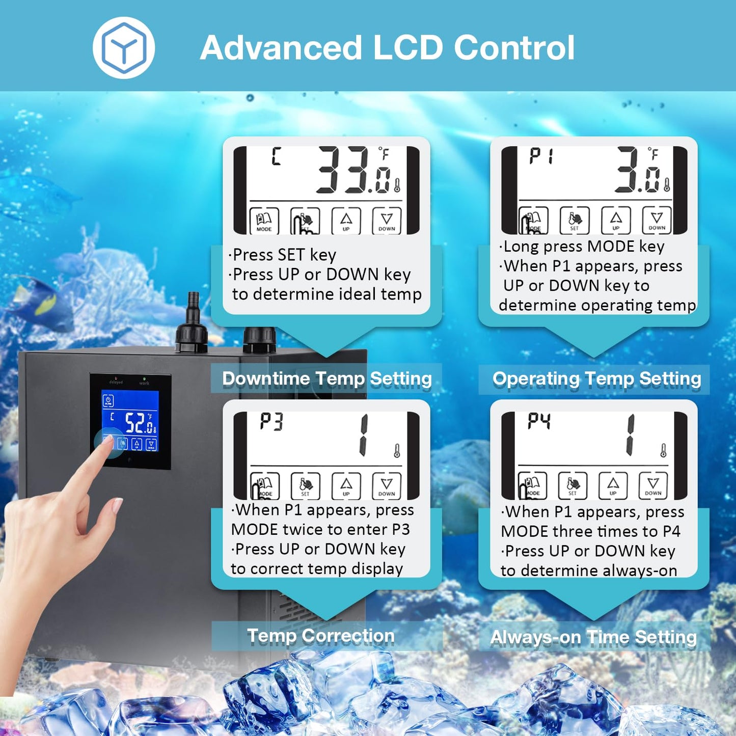 Ezcasch Aquarium Chiller, 79gal 1/3 HP Water Chiller for Cold Plunge, Hydroponic Cooler Fish Tank Cooling System for Axolotl Coral Reef Shrimp with Water Pump and Pipe for Home Use (79gal/300L, 1/3HP)