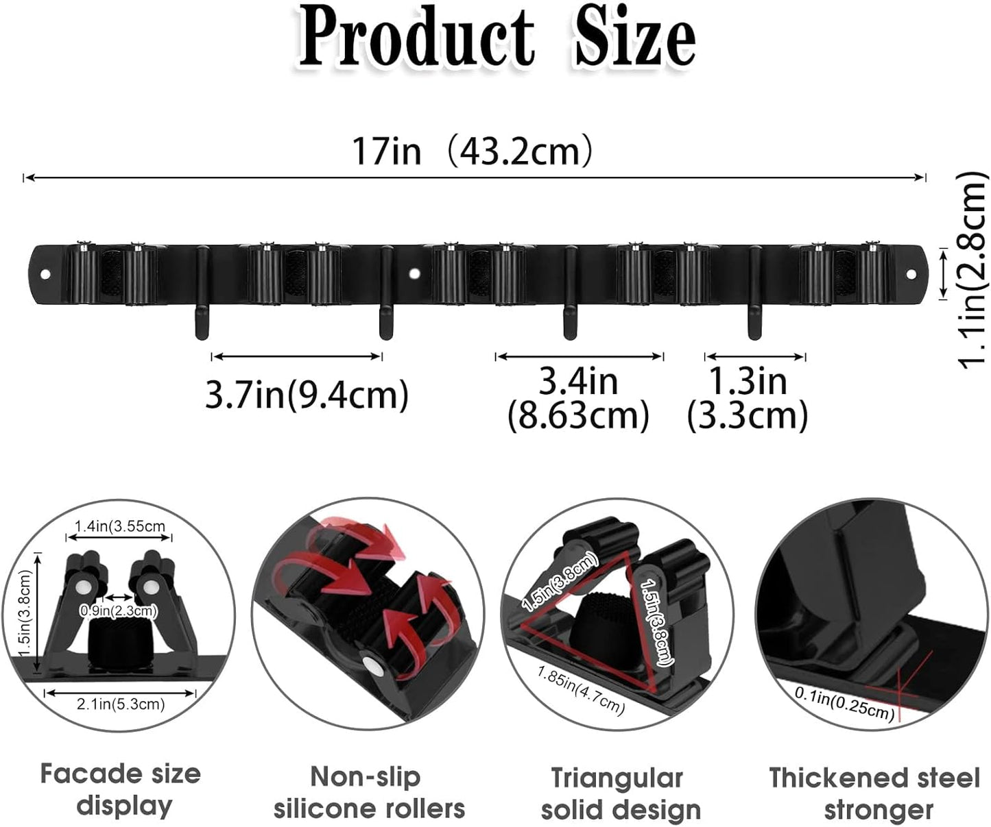 AceMining Broom Holder - 2 Pack Wall Mount Organizer with 5 Racks & 4 Heavy-Duty Hooks | Black Stainless Steel
