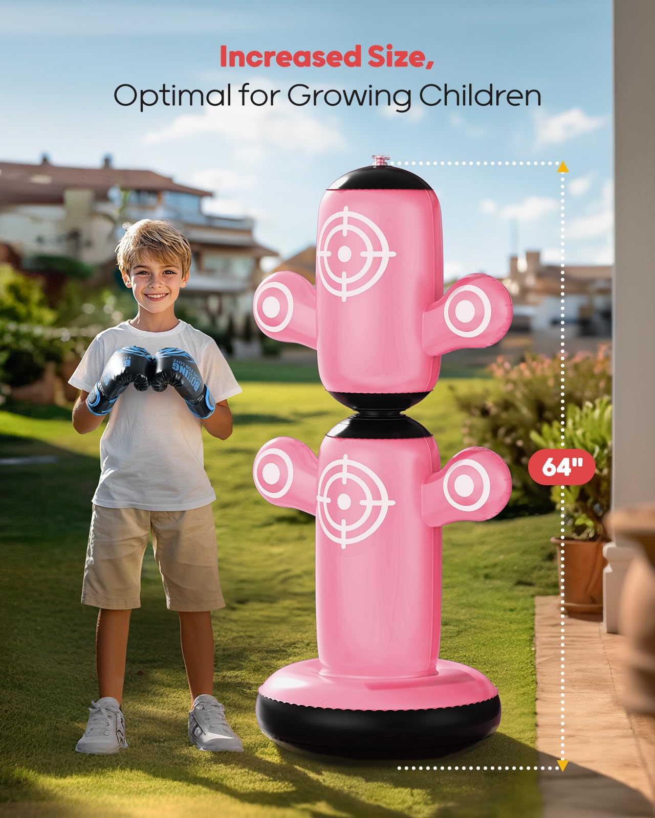 QPAU 360° Rotatable Punching Bag for Kids, Lager 64” Kids Punching Bag with Gloves, Hand Pump & 6 Targets, Bop Bag Inflatable Punching Toy, Karate Gifts for Boys, Girls (Pink)