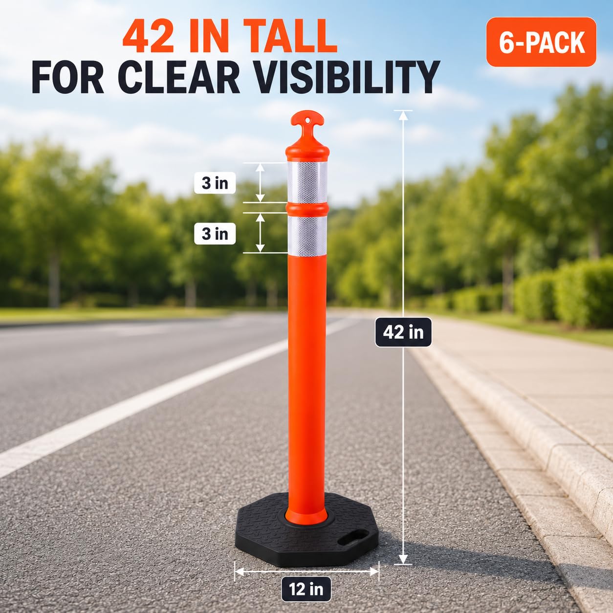 6PACK BESEA Traffic Delineators Cone 42”High Orange Traffic Safety Delineator Cones with Heavy Duty Rubber Base for Construction Site, Road Parking, People Control in Public(6PACK)