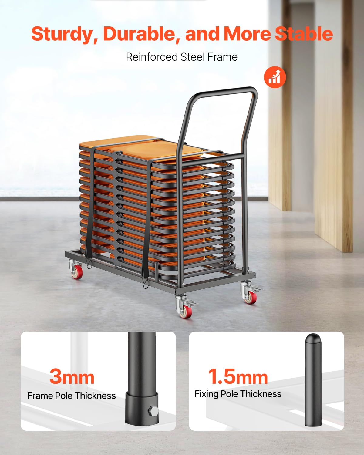 VEVOR Folding Chair Rack, 300 LBS Capacity, L-Shape Horizontal Placement Chair Cart for 25 Chairs, Heavy-Duty Metal Chair Storage Dolly with Rubber Wheels and Holders, Large Chair Holder, Matte Black