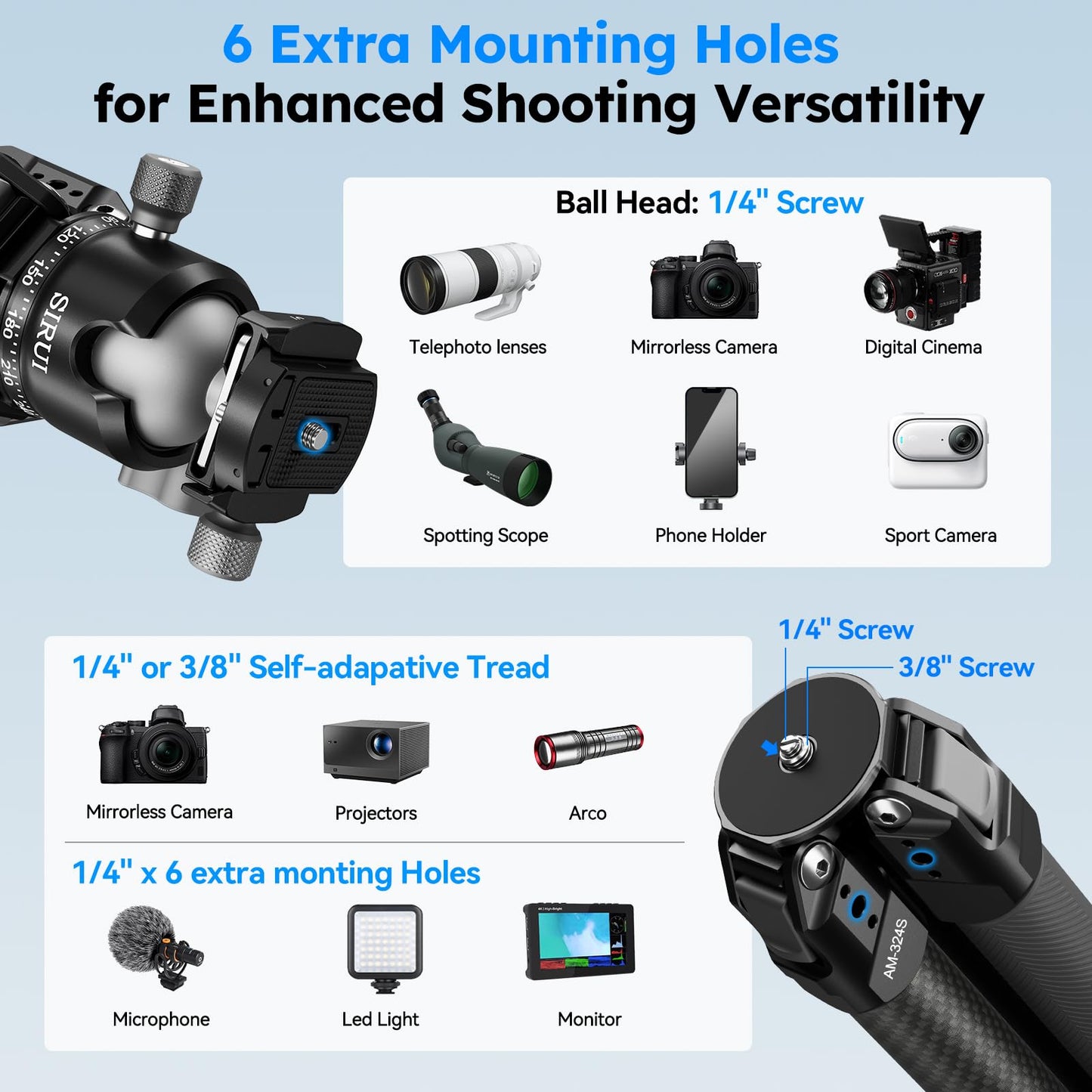 SIRUI Heavy-Duty Carbon Fiber Tripod, 59.8” Pro Tripod with Low Center of Gravity Ball Head, 44lbs Load, 6 Mounting Ports, Corrosion Resistance–for DSLR, Mirrorless, Telephoto, Wildlife（AM-324S+G1）