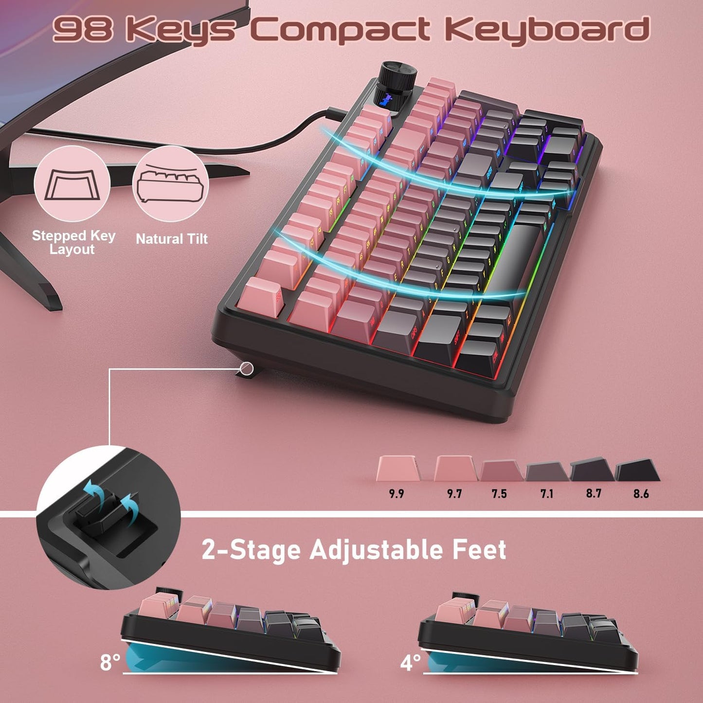 BlueFinger 98 RGB Gaming Keyboard, Keys USB Wired Keyboard with Rainbow Backlit, Volume Knob & Screen, Quiet Typing