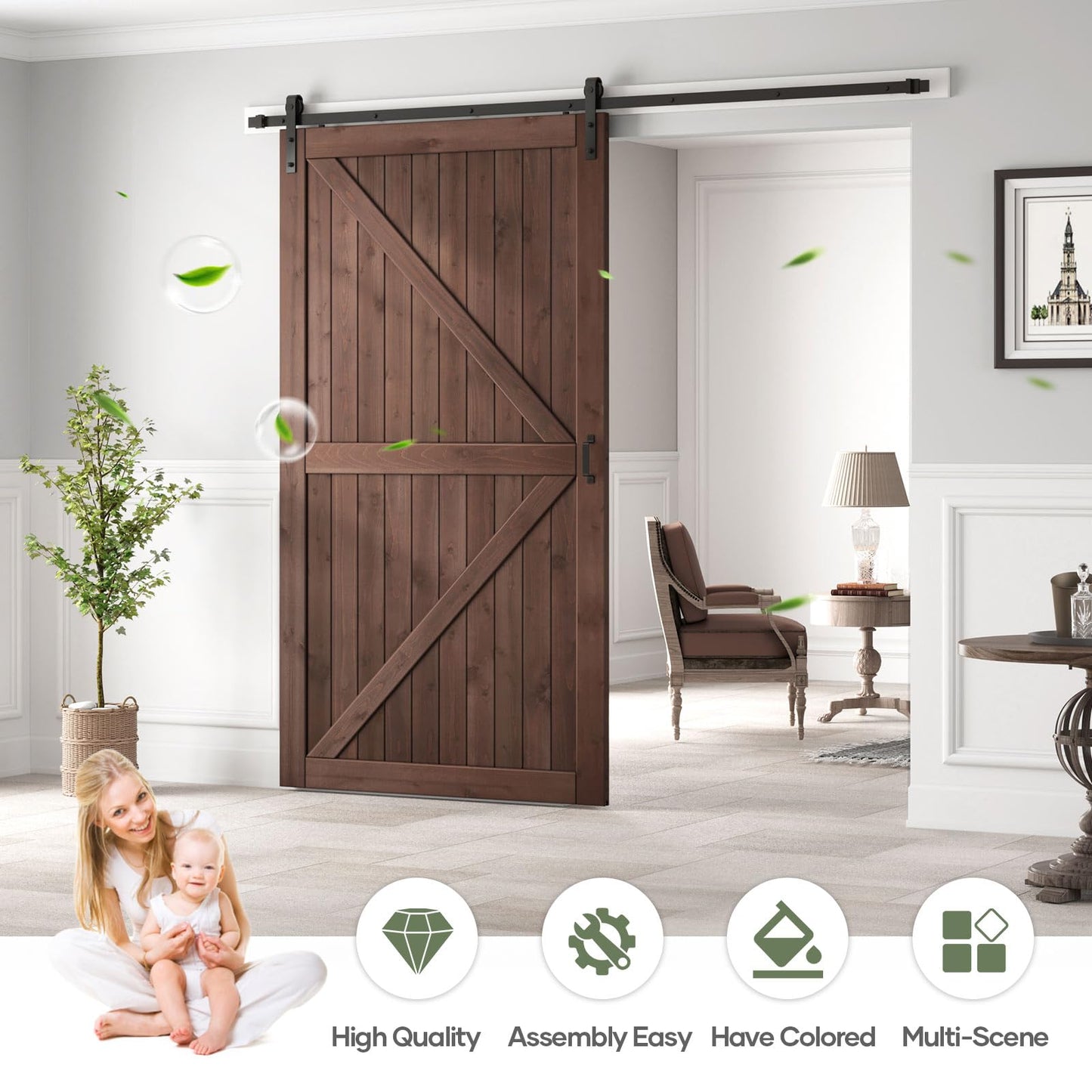 ROYMELO 54x96 inch Sliding Barn Wood Door Slab with 9ft Hardware Kit and Handle, Coffee, K Shape, Simple DIY Assembly