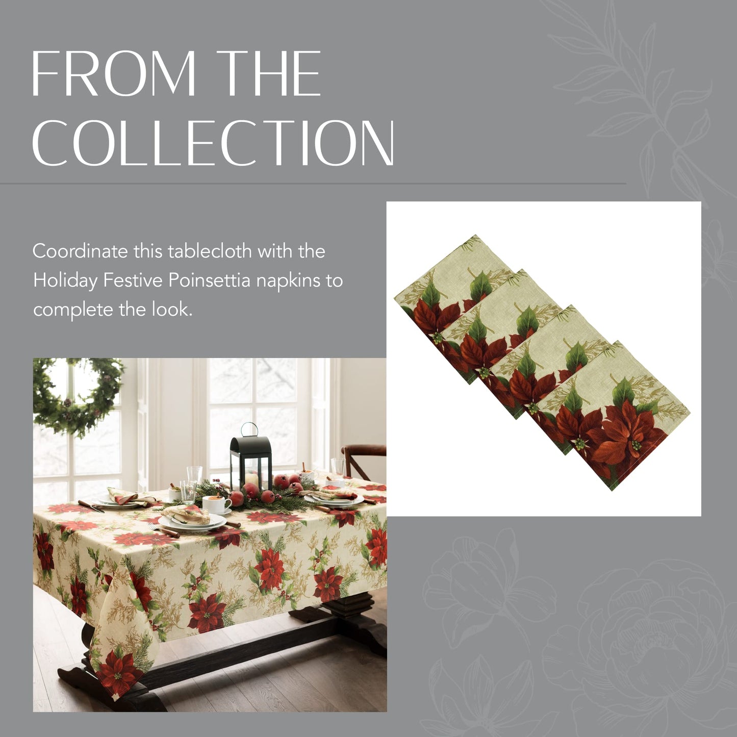 Elrene Home Fashions Festive Poinsettia Holiday Wrinkle Resistant Fabric Tablecloth, Multi, 60"x84" Oval