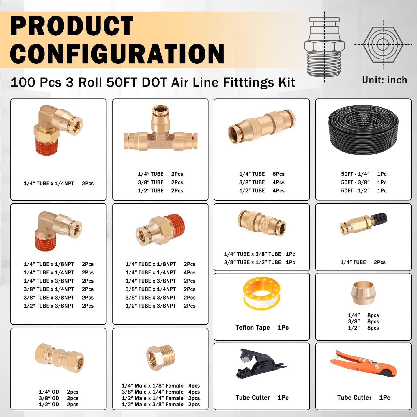 CheeMuii 100 PCS Brass DOT Air Line Fittings with 3 Roll 50FT 1/4" 3/8" 1/2" DOT Air Lines Kit Push Lock Air Fitting Quick Connect Air Fittings with Air Hose Pneumatic Tubing