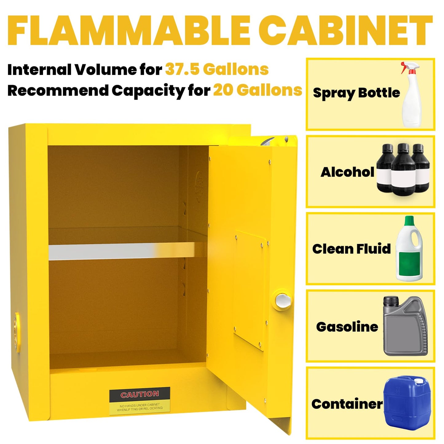 BLUEIAN 20 Gallon Flammable Storage Cabinet, 24" x 19" x 19" Fire Cabinet with ESD Grounding Cable, Stainless Steel Adjustable Shelf Flammable Safety Cabinet for Chemical Storage (24" x 19" x 19")