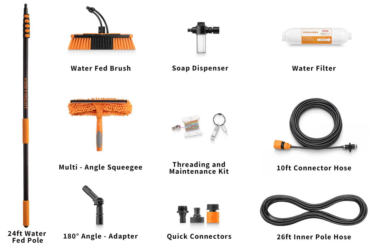 5-24 ft Water Fed Pole Window Cleaning System // Professional Telescopic Solar Panel Cleaning Equipment // Water Fed Brush with Upper Rinse Bar, 10" Squeegee, Water Filter, Soap Dispenser & Water Hose