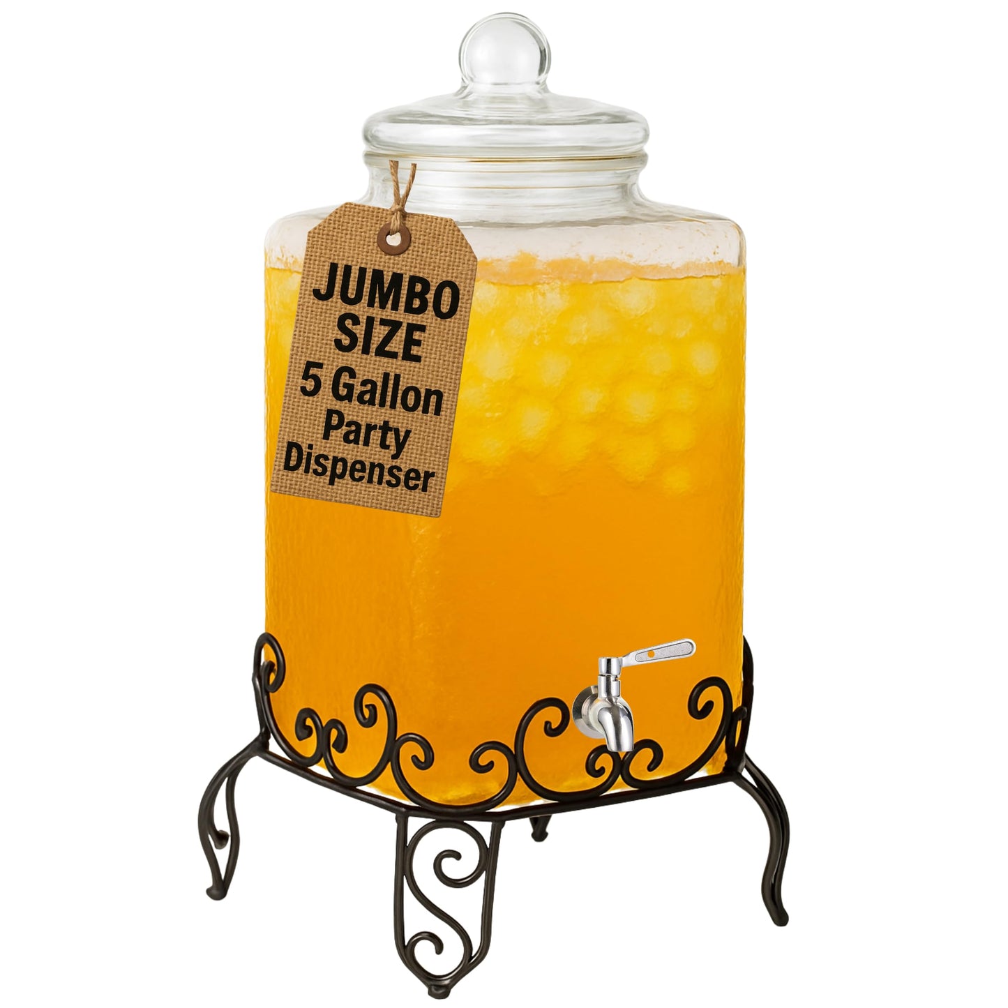 Extra Large 5 Gallon Glass Drink Dispenser with Stand and Stainless Steel Spigot – Event & Party Beverage Server for Water, Tea, Punch, and More