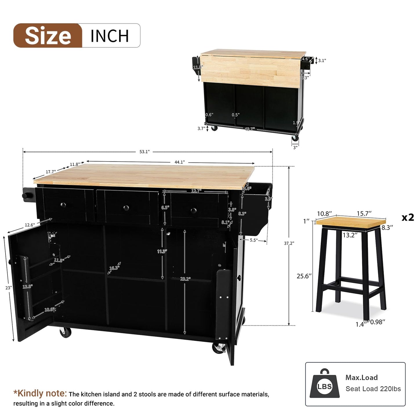 Waully 53'' Mobile Kitchen Island with Seating, Rolling Kitchen Island with Storage and Drop Leaf, 3 Drawers Islands Cart Rubberwood Top, 2 Open Shelves, Isla para Cocina, Black + 2 StooIs