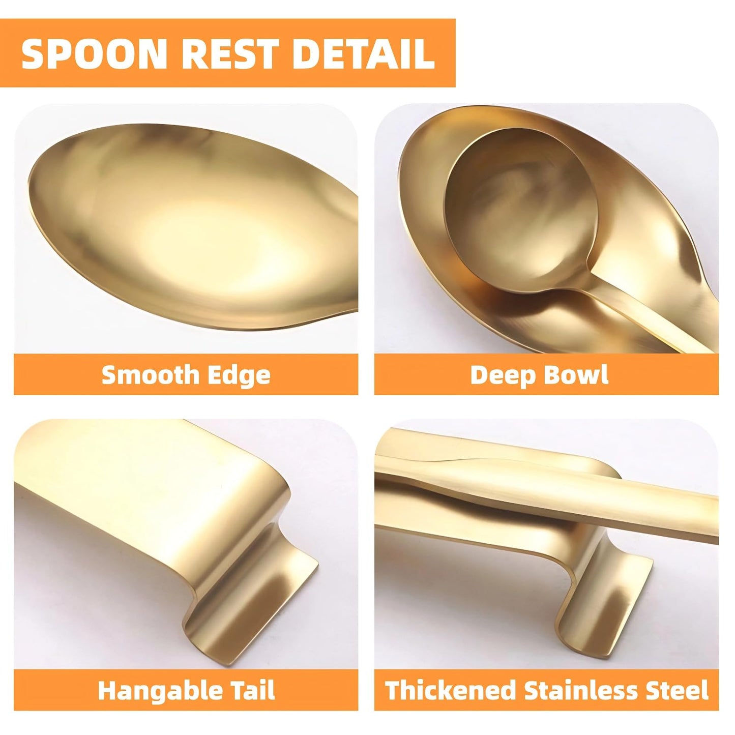 Stainless Steel Gold Kitchen Utensils Set with Holder & Spoon Rest, Durable Kitchen Accessories Includes 6 Cooking Utensils, 1 Hanging Rack,1 Ladle Holder, Easy to Clean, Modern Countertop Décor