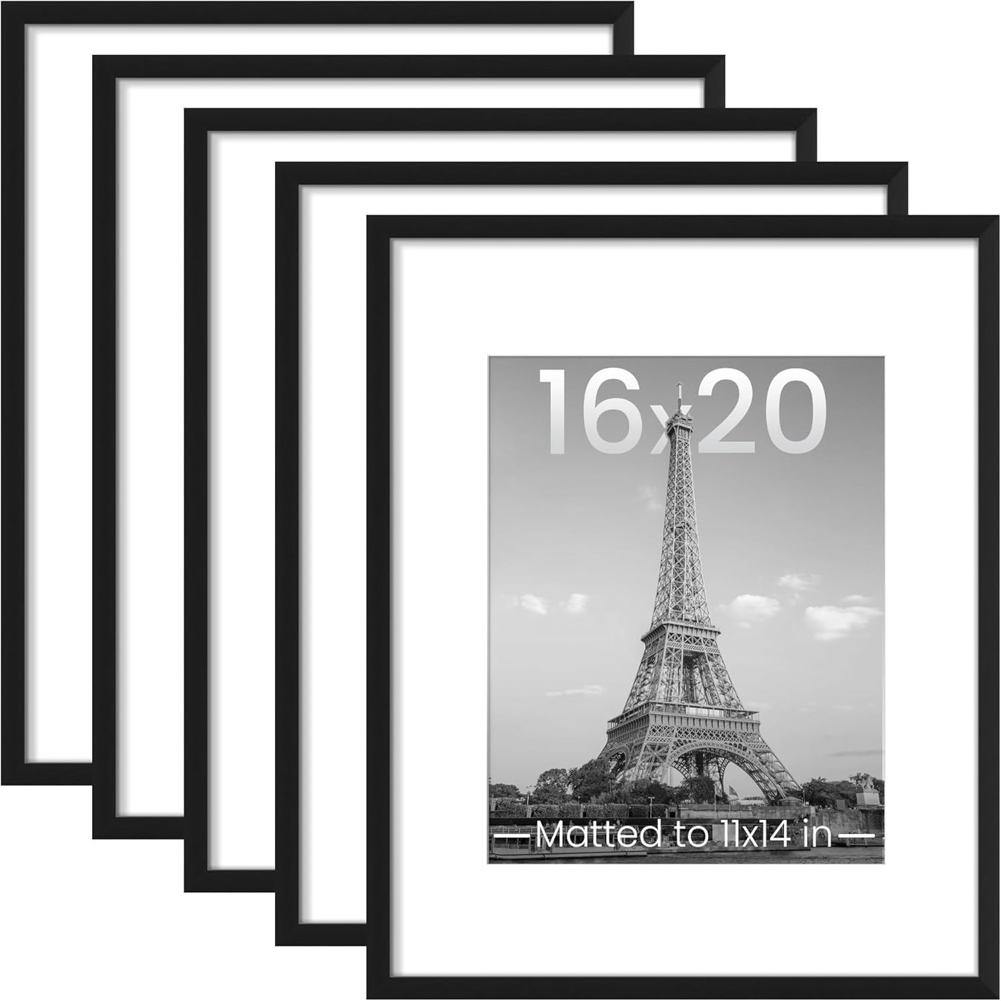 Upsimples 16x20 Picture Frame Set of 5 - Display 11x14 with Mat or 16x20 Without | Black Gallery Frames