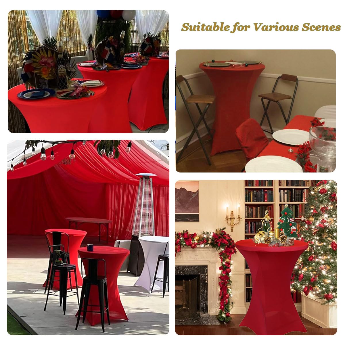 Albassa 2 Pack Cocktail Table Covers 32"x43" Spandex Stretch Highboy Top Tablecloth Fitted Round Table Cloths for Bar Wedding Cocktail Party Banquet Tables (2, Red, 32"x 43")