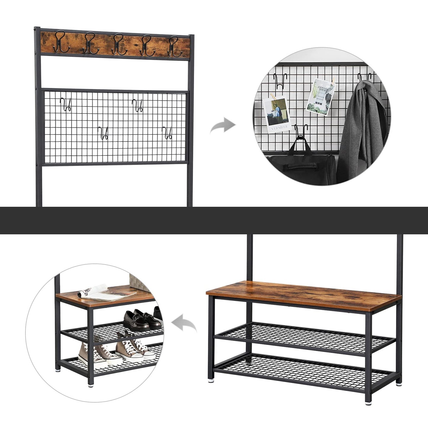 VASAGLE Industrial Coat Rack Stand, Shoe Rack Bench with Grid Memo Board, 9 Hooks and Storage Shelves, Hall Tree with Stable Metal Frame, Rustic Brown UHSR46BX