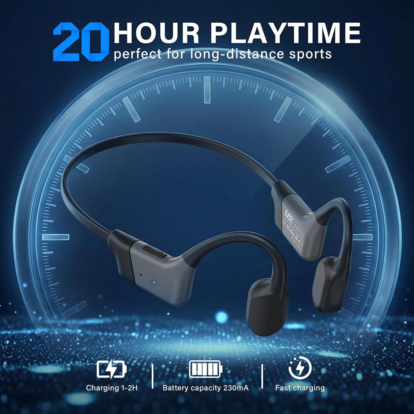 Rakklor 5.4 20 IPX5 Bone Conduction Headphones, Open-Ear Bluetooth Sport Headphones with Mic Hour Playtime, Waterproof
