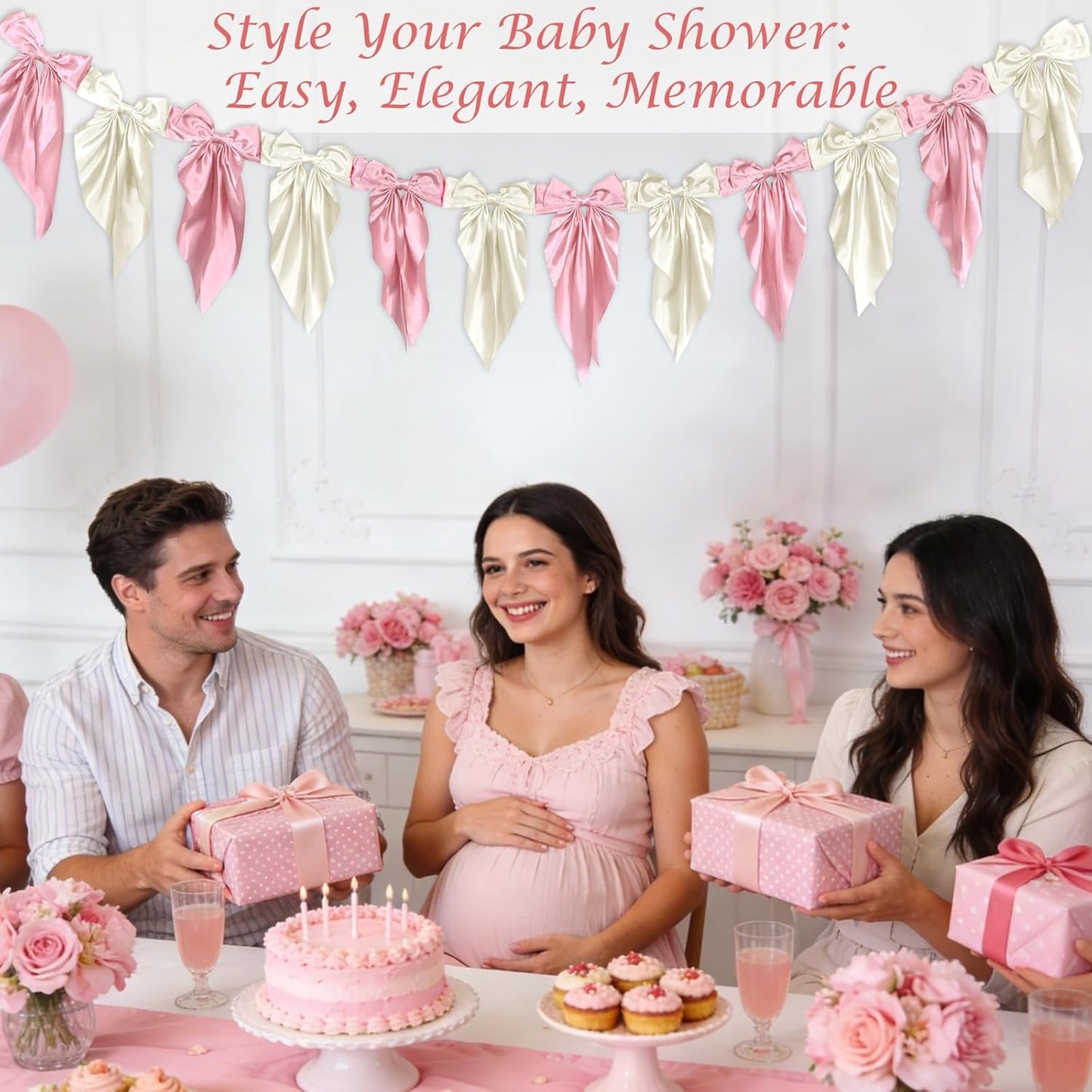 White Pink Bow Garland Banner - Satin Ribbon Decor for Fireplace | Perfect for Bachelorette, Bridal Shower, Birthday, and Wedding Parties