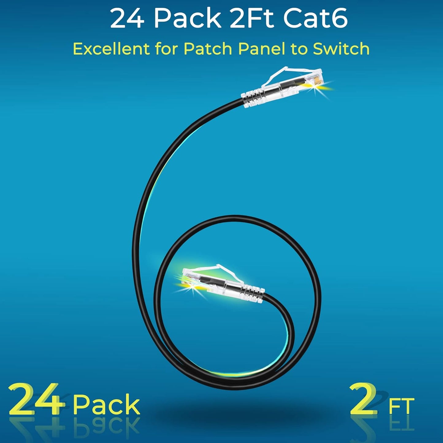 Rapink Cat6/ Cat6a 2ft (24 Pack) Cat6a 10G 6 Cat6 Patch Cables Slim, Ethernet Patch Cable Support, Snagless Cat Patch