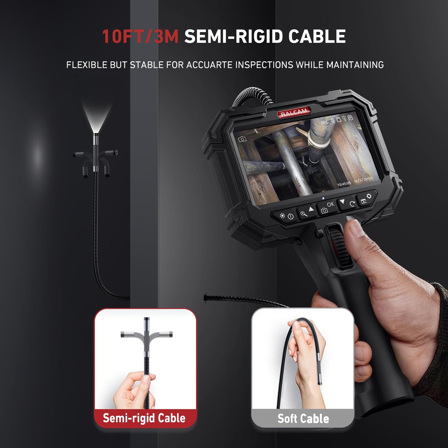 10FT Two-Way Articulating Borescope with 5" HD Screen, Industrial Endoscope Camera with Light, 0.33in Slim Probe Video Inspection for Automotive Engine, HVAC, Mechanics, Wall
