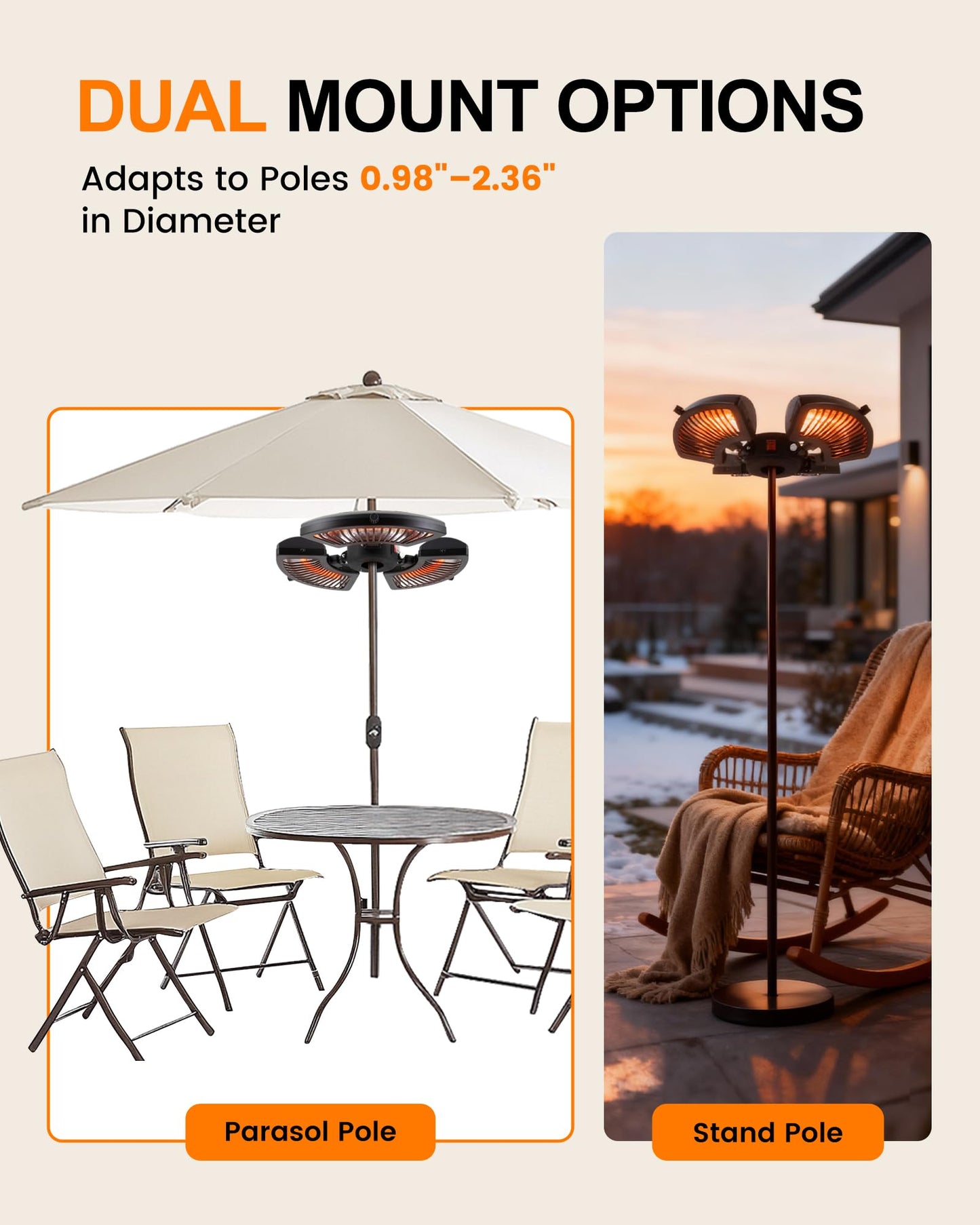Star Patio Outdoor Heater, Electric Parasol Heater, Umbrella Patio Heater with 3 Heat Levels, 1500W Instant Heating, Tip-Over & Overheat Protection, Infrared Patio Heater, ZHQ2027-P
