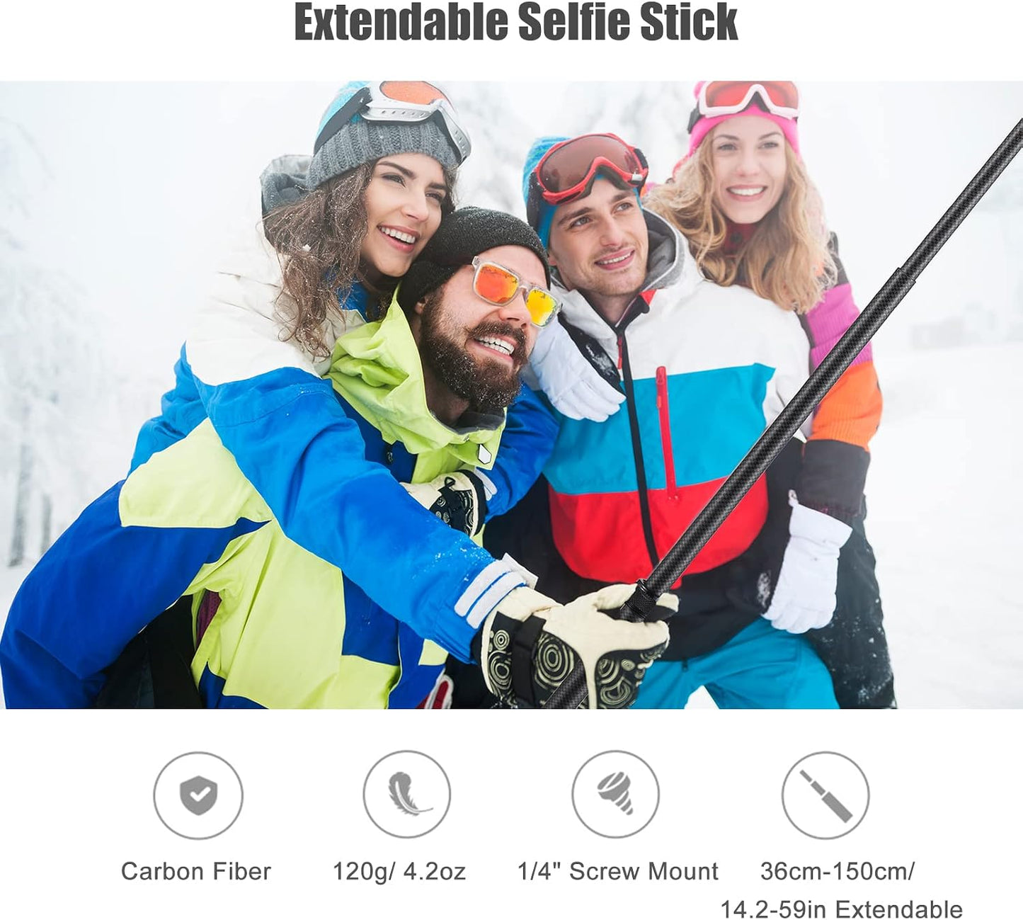Andoer 1/4 Inch 36cm-150cm/14.2in-59in X2/ X3 Portable Selfie Stick Carbon Fiber Stand Camera Bracket Screw Mount