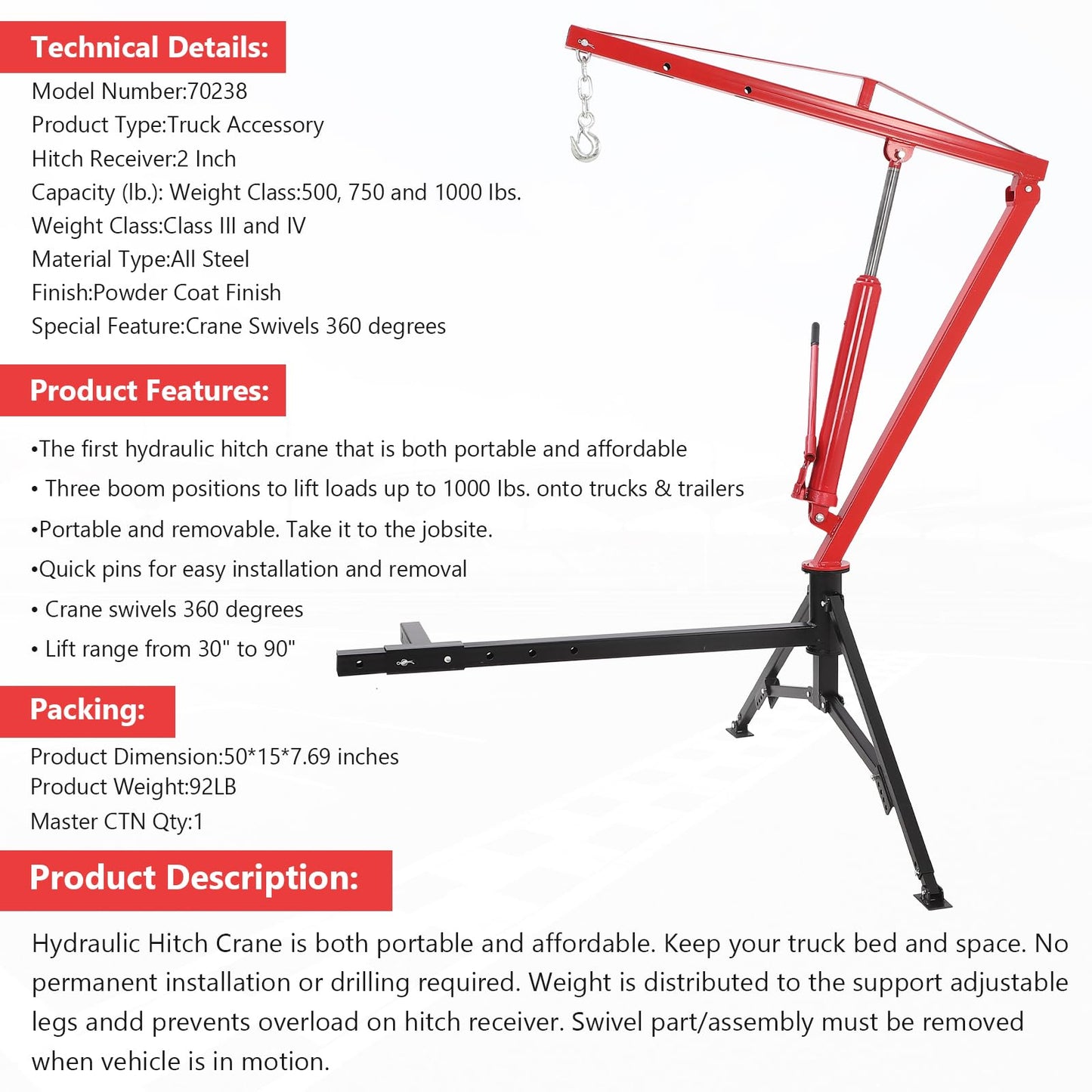 Hydraulic Receiver Hitch Crane 1000LBS Capacity, 360° Swivel Truck Lift with 3 Adjustable Settings 500/750/1000LB, No-Drill Installation for Construction, Farming & Workshop Loading