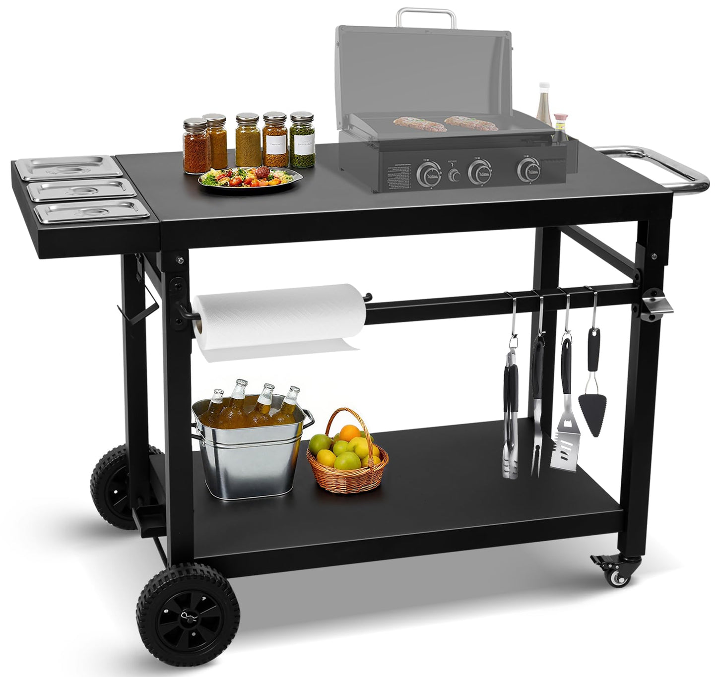Wanchao Black Cast Iron 2-Shelf Grill Cart with Wheels,Heavy Duty Pizza Oven Stand for Blackstone Ninja,Outdoor Cooking Station with Durable Tabletop