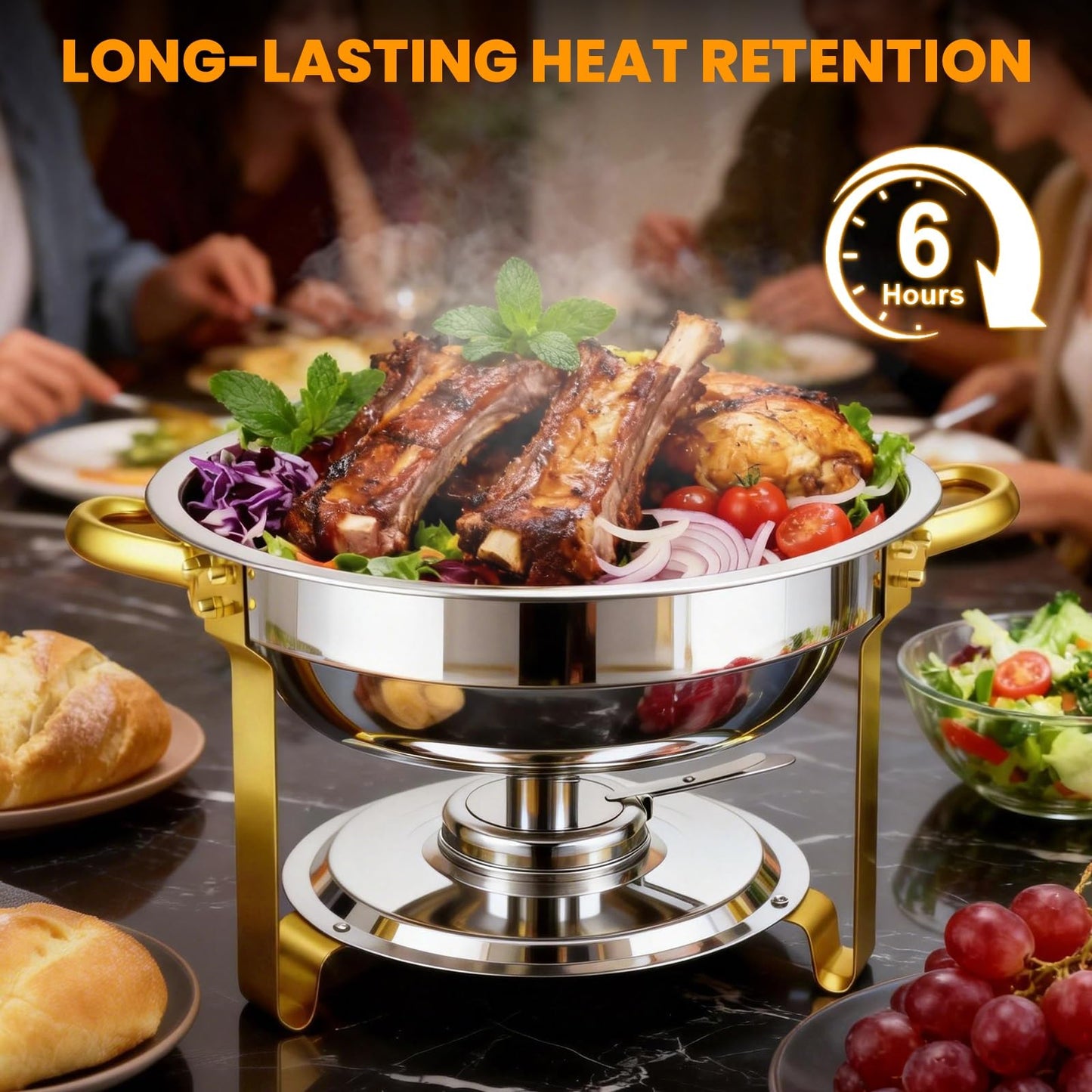 ALSO GO Round Chafing Dishes for Buffet with 4 Serving Tongs, 4 Pack 6QT Chafing Dishes Buffet Set, Golden Stainless Steel Catering Food Warmer for for Party, Gathering,Wedding