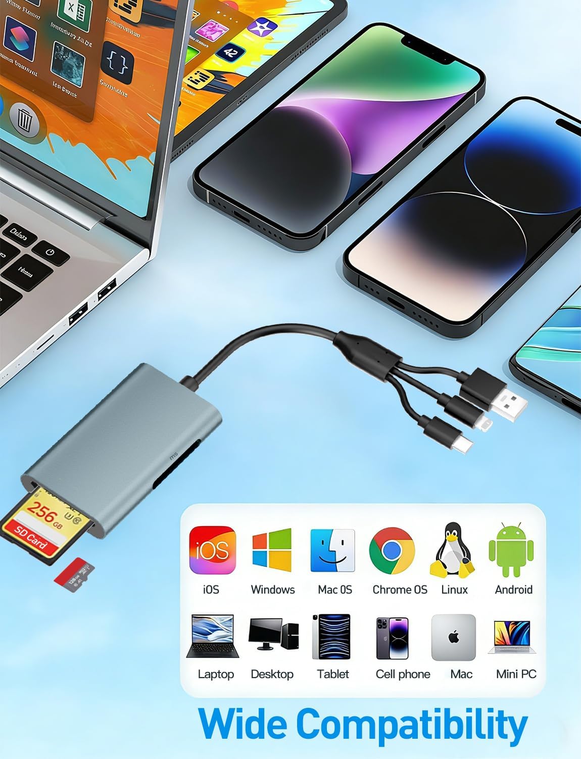 Bawanfa Plus 4-in-1 17/16/15/14/Android/PC Multi Memory Card Reader for SD/Micro SD/MS/xD-Picture-Cards, Memory Stick