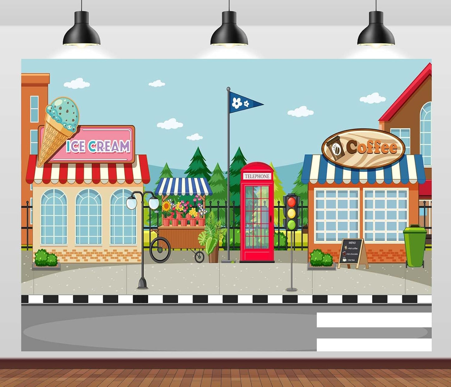 CORFOTO 10x8ft Fabric Town Street Backdrop Ice Cream Coffee Shop Red Phone Booth Urban Scene Photography Background