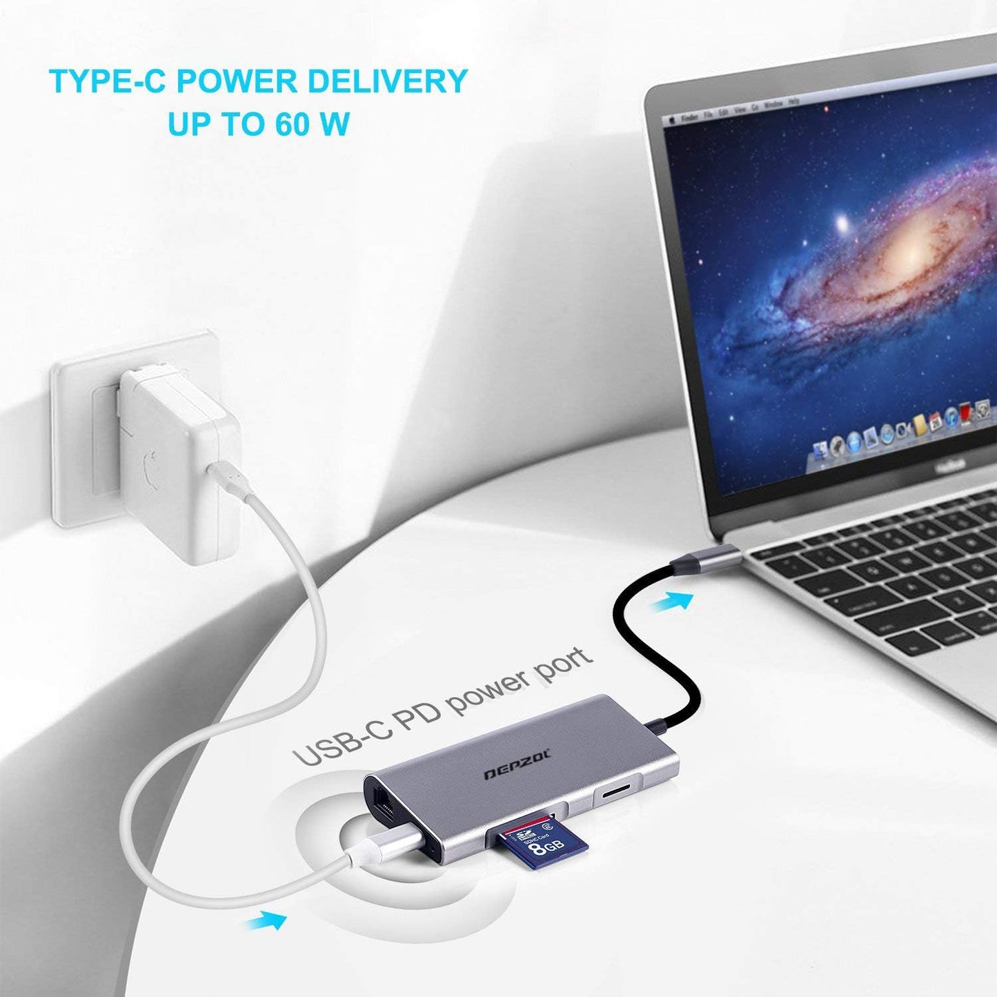 DEPZOL 8-in-1 4K, RJ45, 3 3.0 2018/2017/2016 USB C Hub, Type C Adapter Dock to HDMI Gigabit Ethernet PD Power Delivery