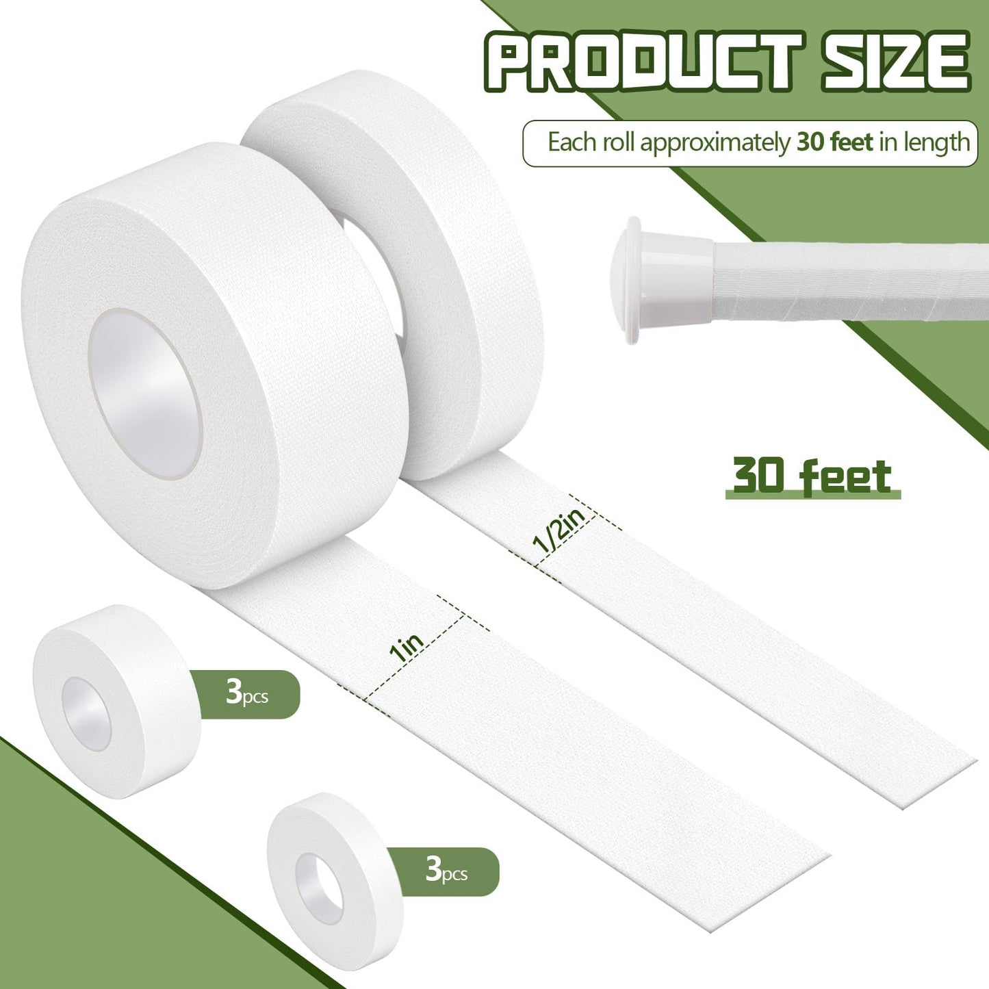 Gemscream 6 Pcs 30 ft Lacrosse Stick Tape 1 Inch 1/2 Inch Non-precut Cotton Sweat Absorbent Bat Grip Tape for Lacrosse Baseball Bats (White)